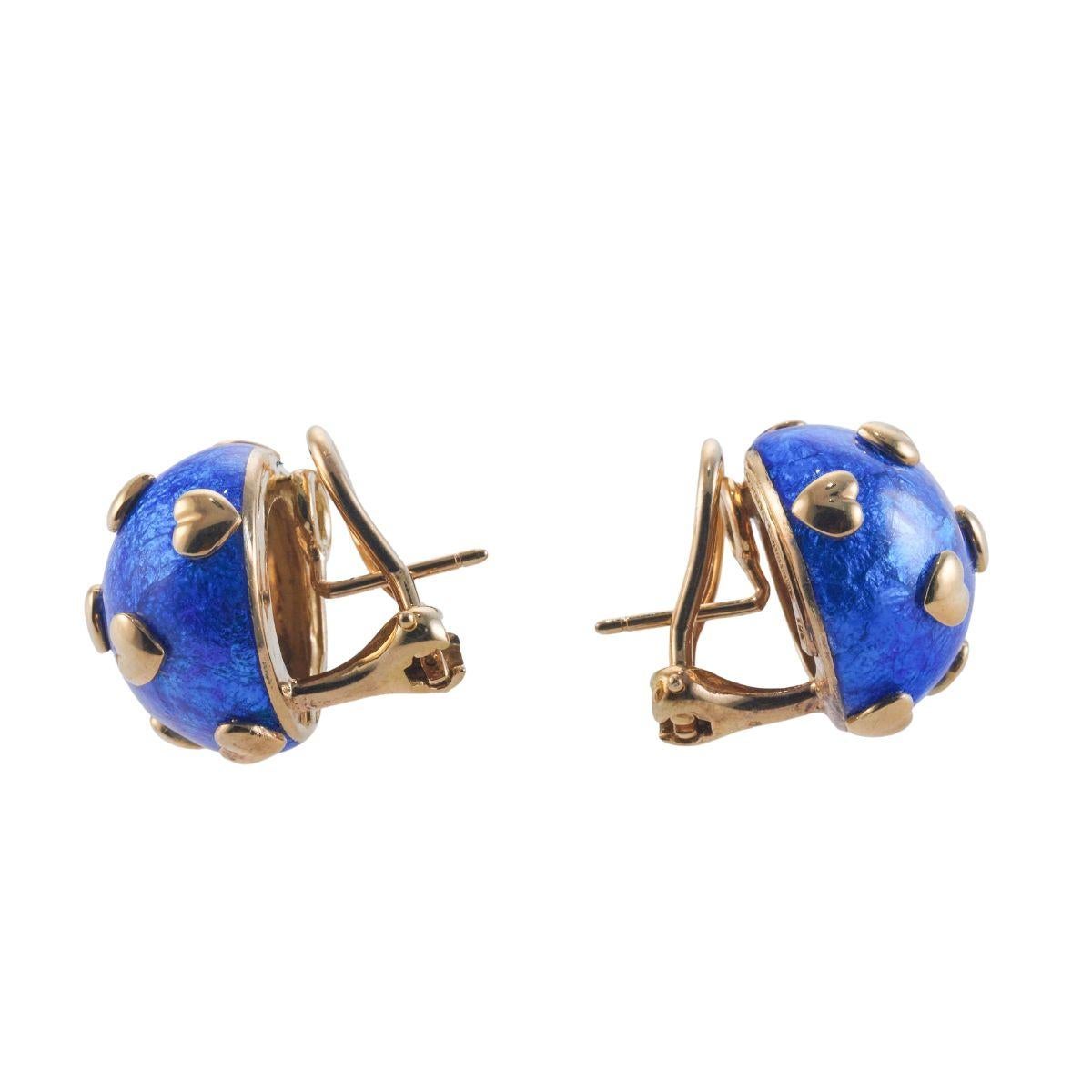 Pair of 18k gold round earrings by Jean Schlumberger for Tiffany & Co, ornate with heart motifs on blue enamel. Earrings measure 16mm in diameter. Marked: Tiffany & Co, Schlumberger, 750. Weight is 19.3 grams. 