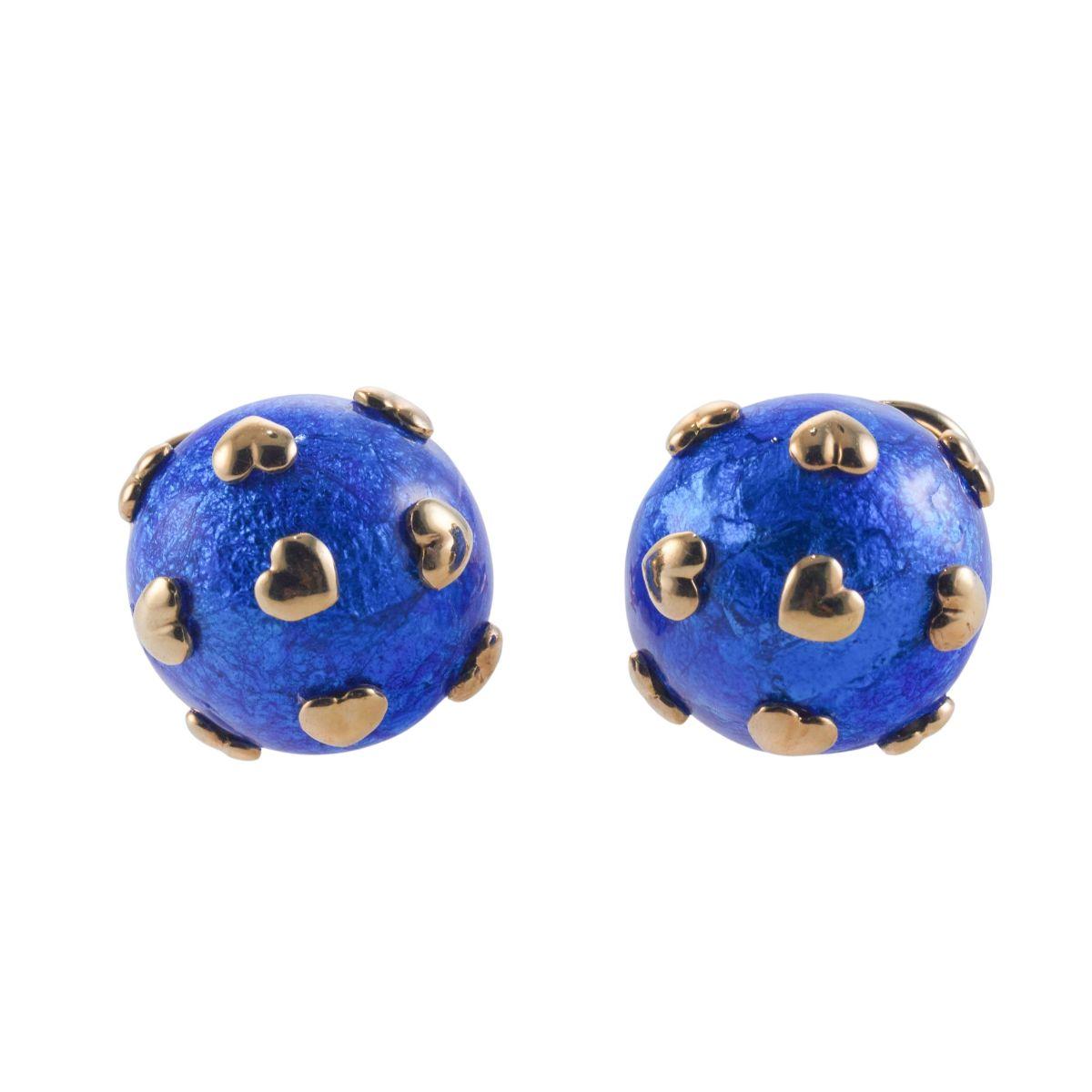 Women's Tiffany & Co Schlumberger Blue Enamel Heart Gold Earrings For Sale