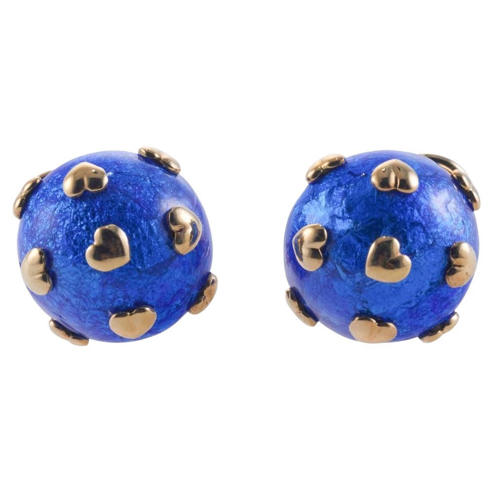 Tiffany & Co Schlumberger Blue Enamel Heart Gold Earrings For Sale