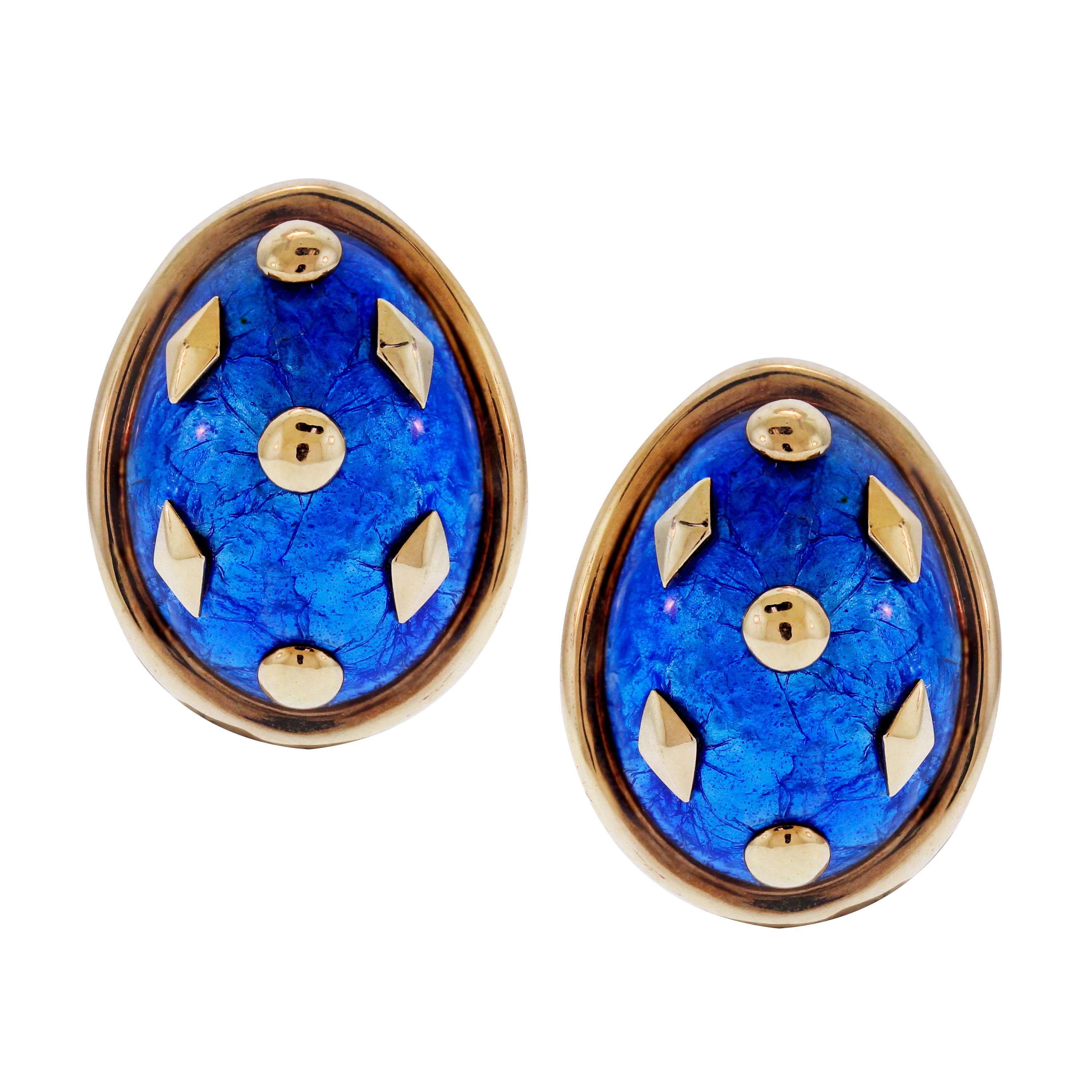 Tiffany & Co. Schlumberger Blue Enamel Yellow Gold Earrings In Excellent Condition In Boca Raton, FL