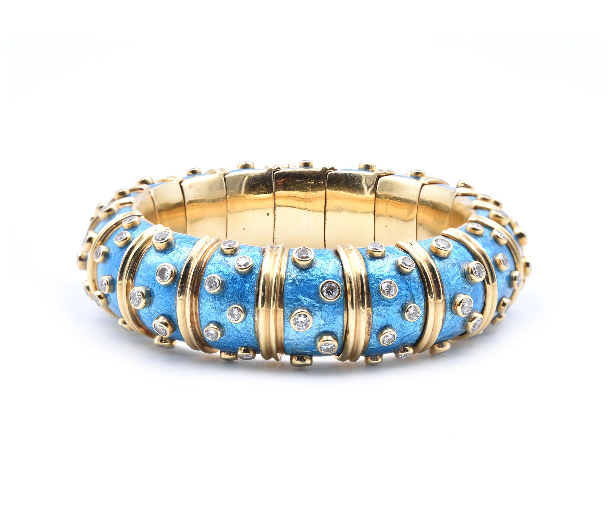 Designer: Tiffany & Co.
Material: 18k yellow gold and blue Paillonne enamel
Diamonds: 108 round brilliant cuts = 5.20cttw 
Color: G
Clarity: VS
Dimensions: bracelet measures 18.50mm in width, will fit a 7-inch wrist
Weight: 126.8 grams
646-639