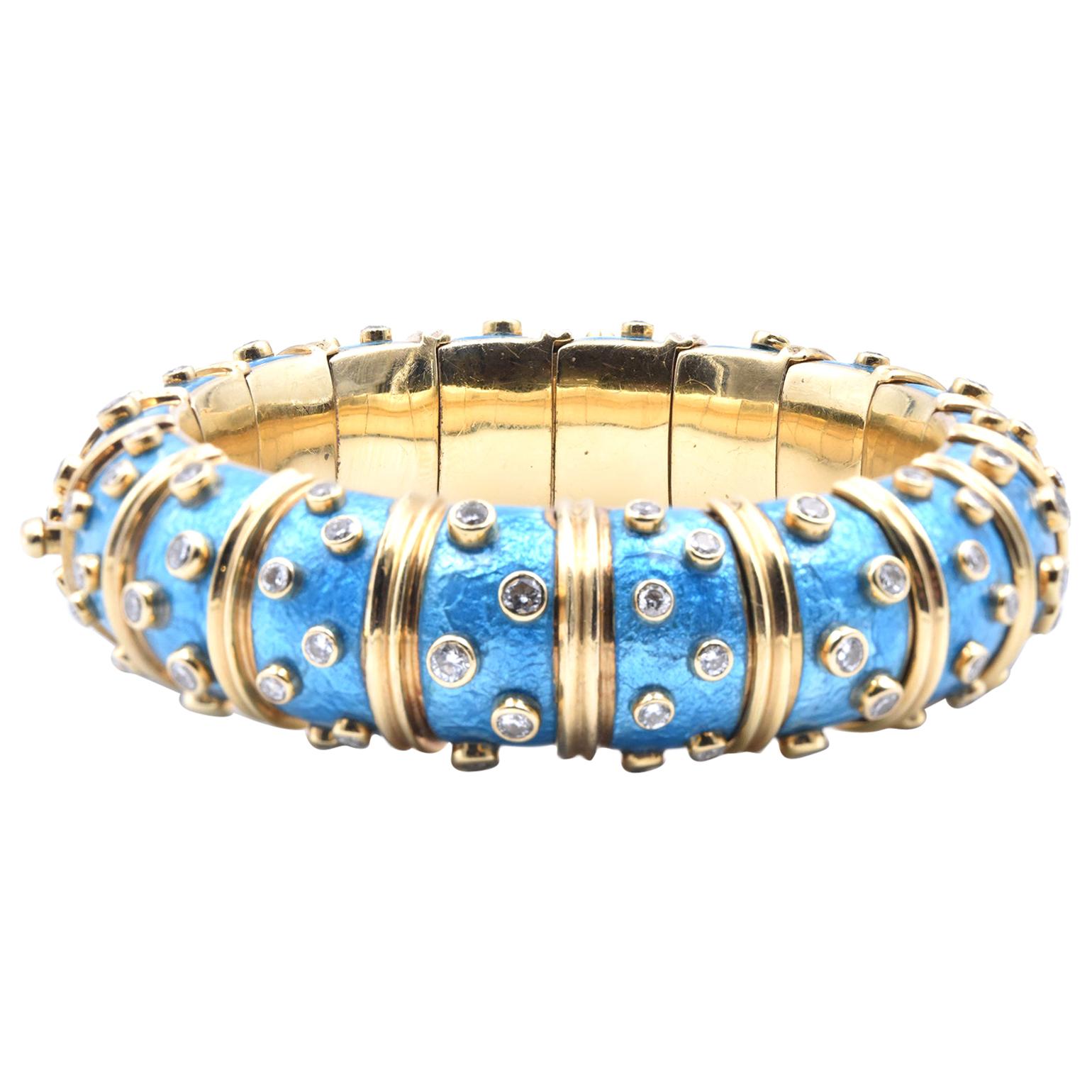 Tiffany & Co. Schlumberger Blue Paillonne Enamel and Diamond Bangle Bracelet
