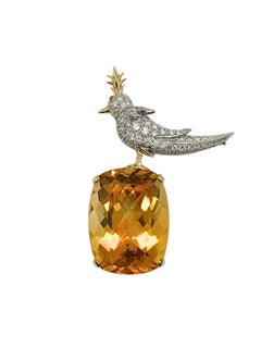 Tiffany & Co. Schlumberger Citrine Bird on a Rock Diamond 18K Gold & Plat Brooch