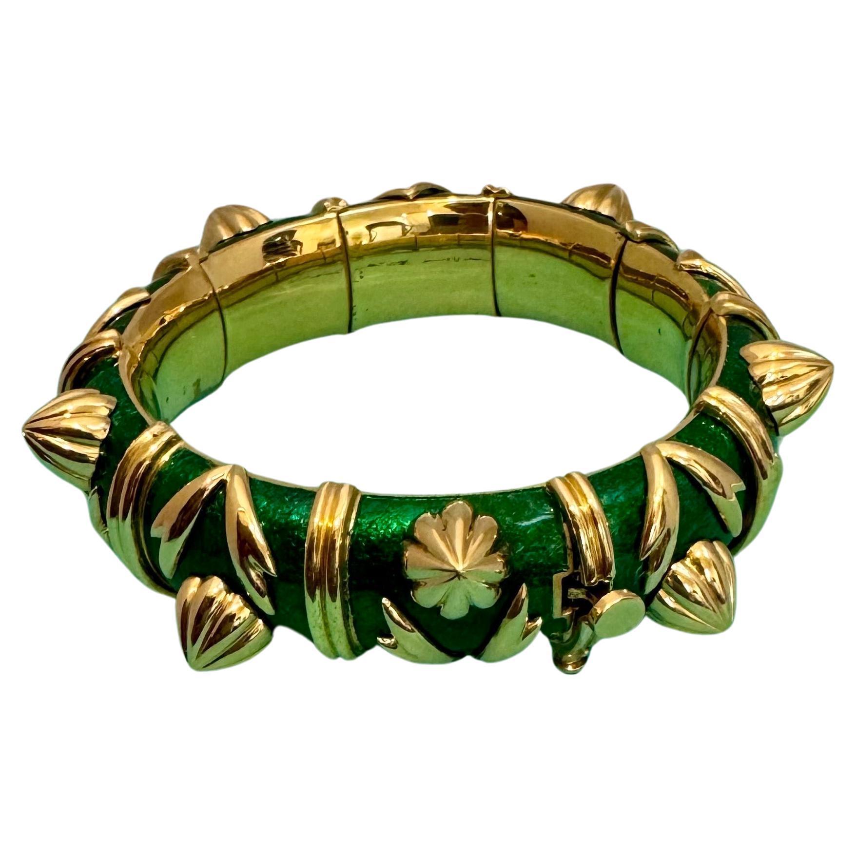 Tiffany & Co. Schlumberger Cone Losange Green Enamel Bangle Bracelet  138 gm 18K For Sale