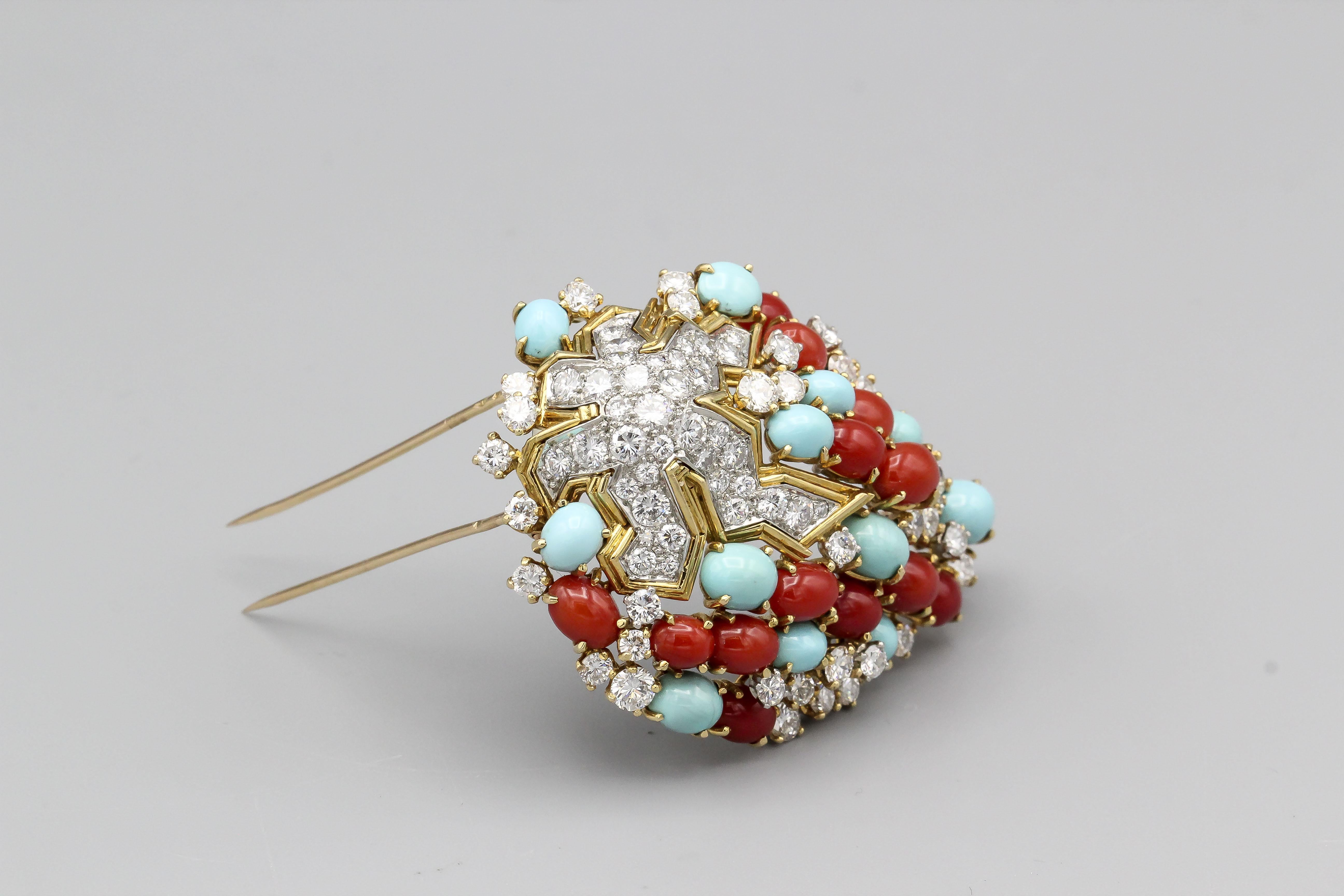 Step into the world of timeless elegance with this exquisite vintage Tiffany & Co. Schlumberger Coral Turquoise Diamond Platinum 18k Gold Brooch, a true testament to the enduring creativity and craftsmanship of renowned designer Jean Schlumberger.