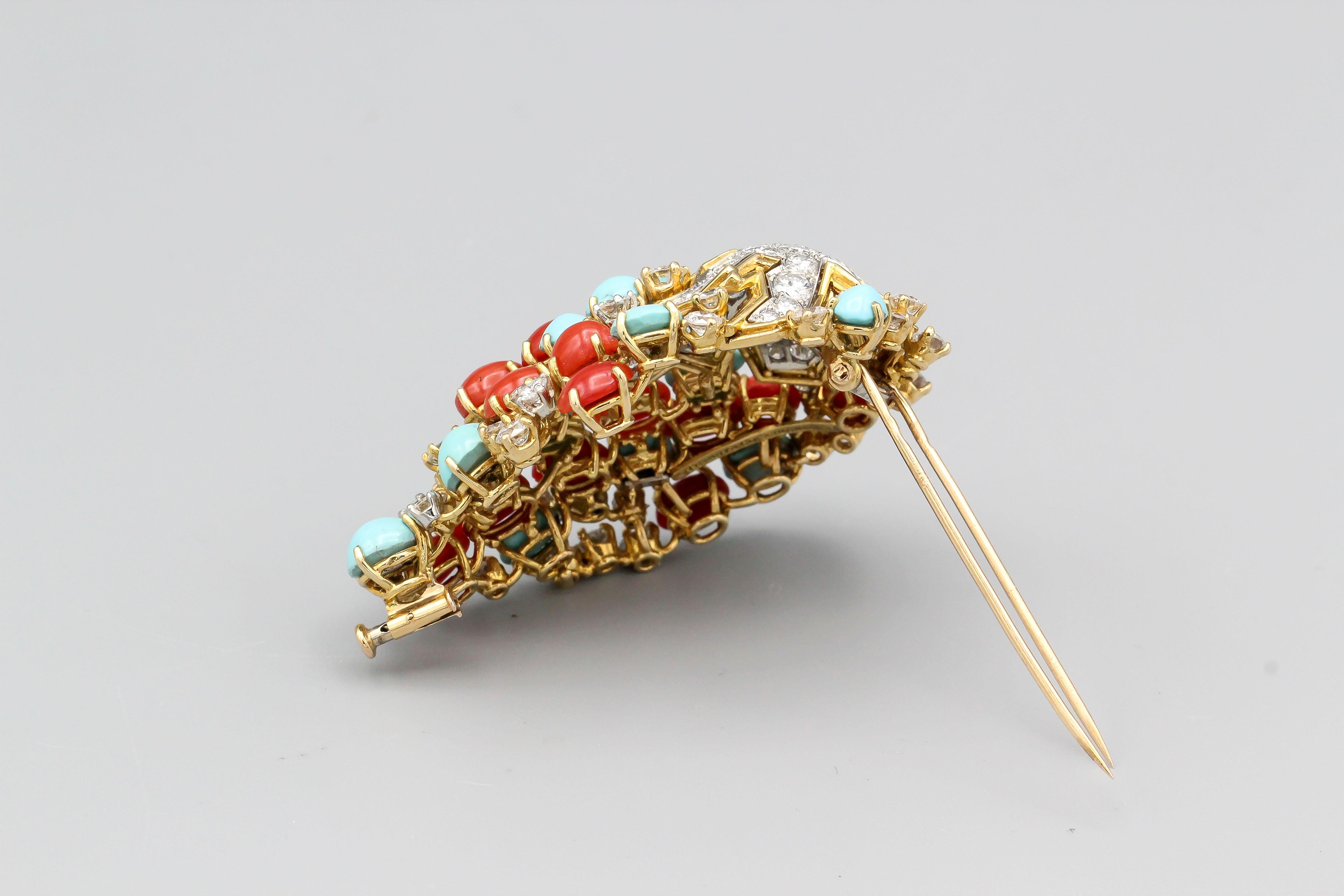 Tiffany & Co. Schlumberger Coral Turquoise Diamond Platinum 18k Gold Brooch In Excellent Condition In New York, NY