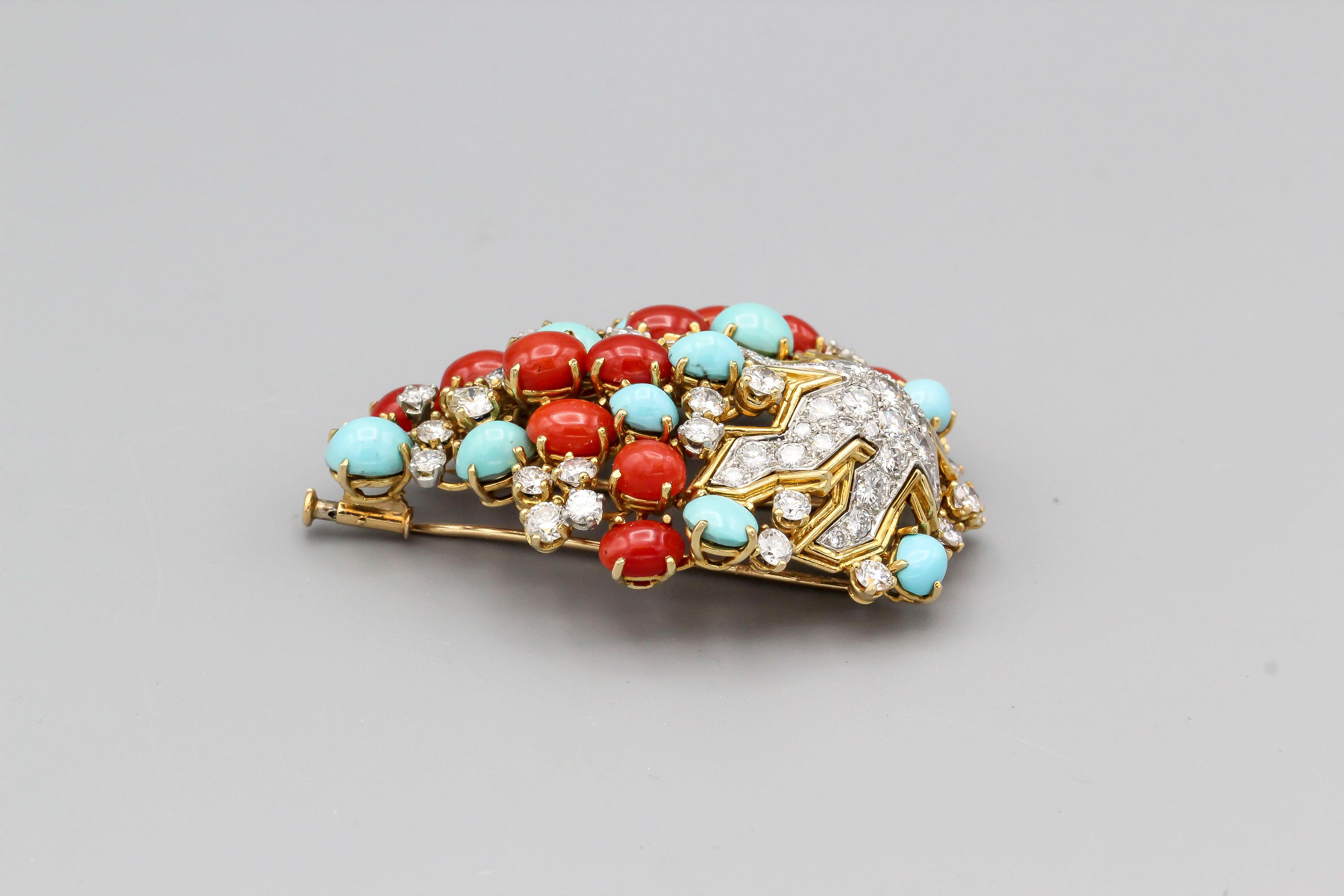 Women's or Men's Tiffany & Co. Schlumberger Coral Turquoise Diamond Platinum 18k Gold Brooch