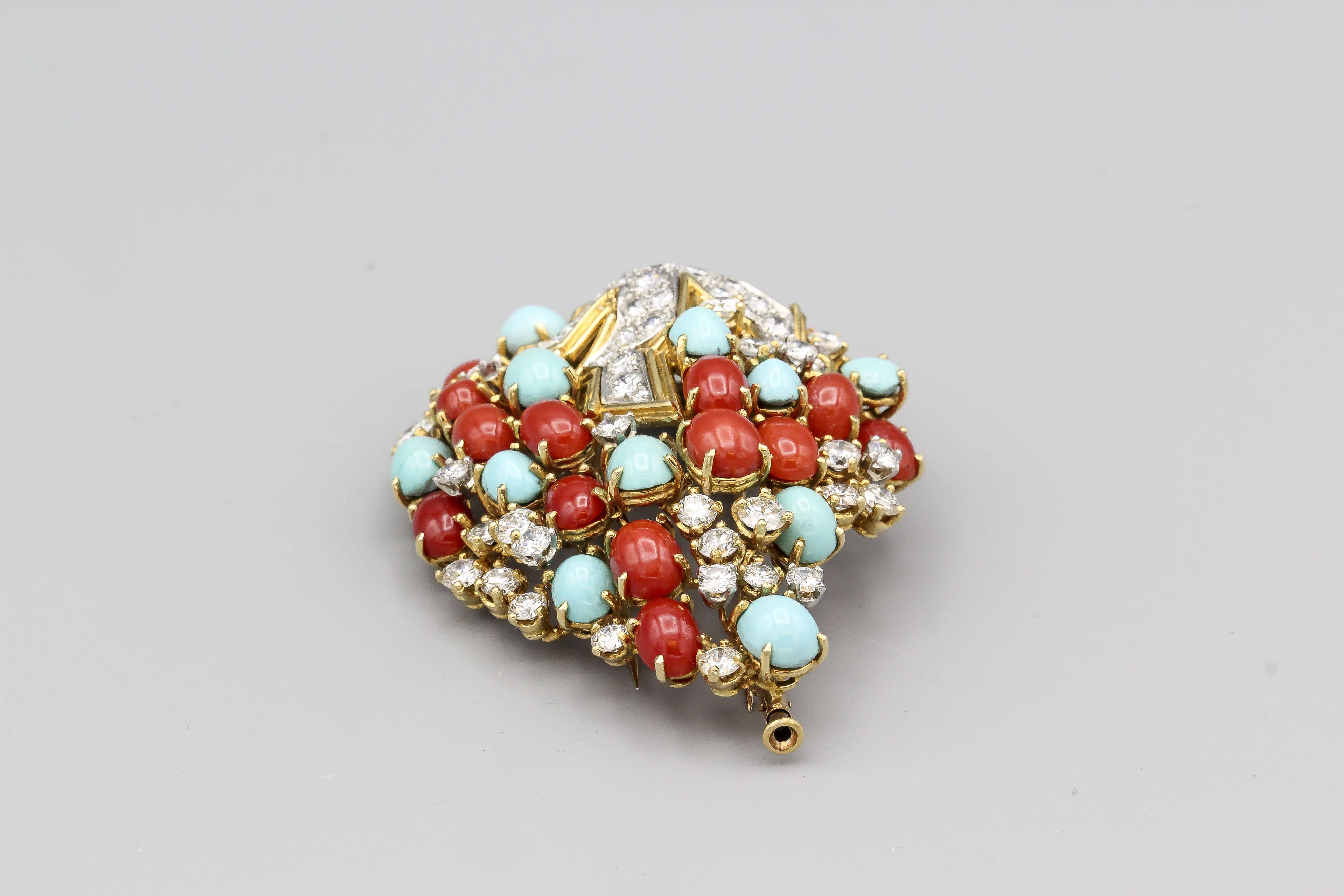 Cabochon Tiffany & Co. Schlumberger Coral Turquoise Diamond Platinum 18k Gold Brooch For Sale
