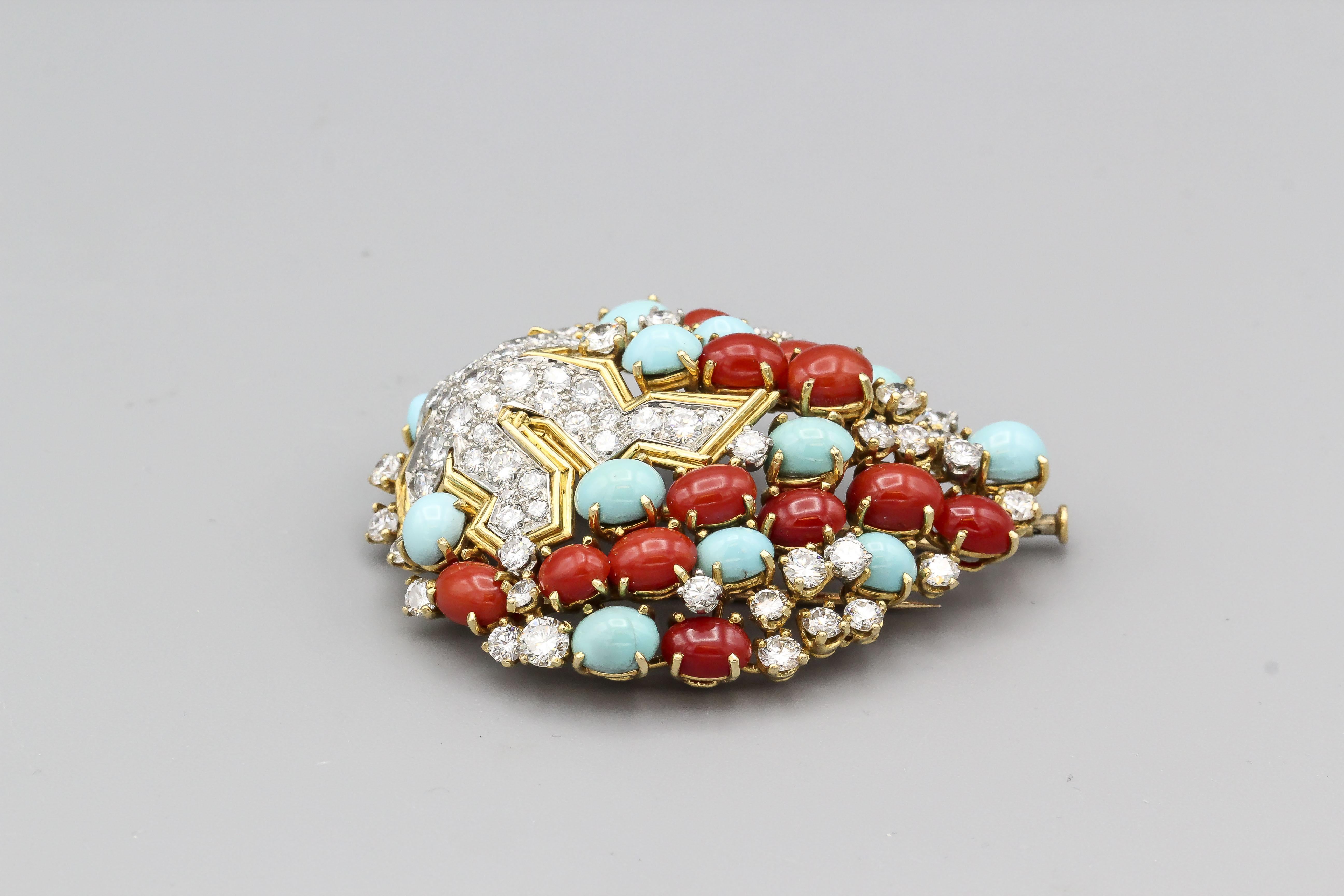 Tiffany & Co. Schlumberger Coral Turquoise Diamond Platinum 18k Gold Brooch In Good Condition For Sale In Bellmore, NY