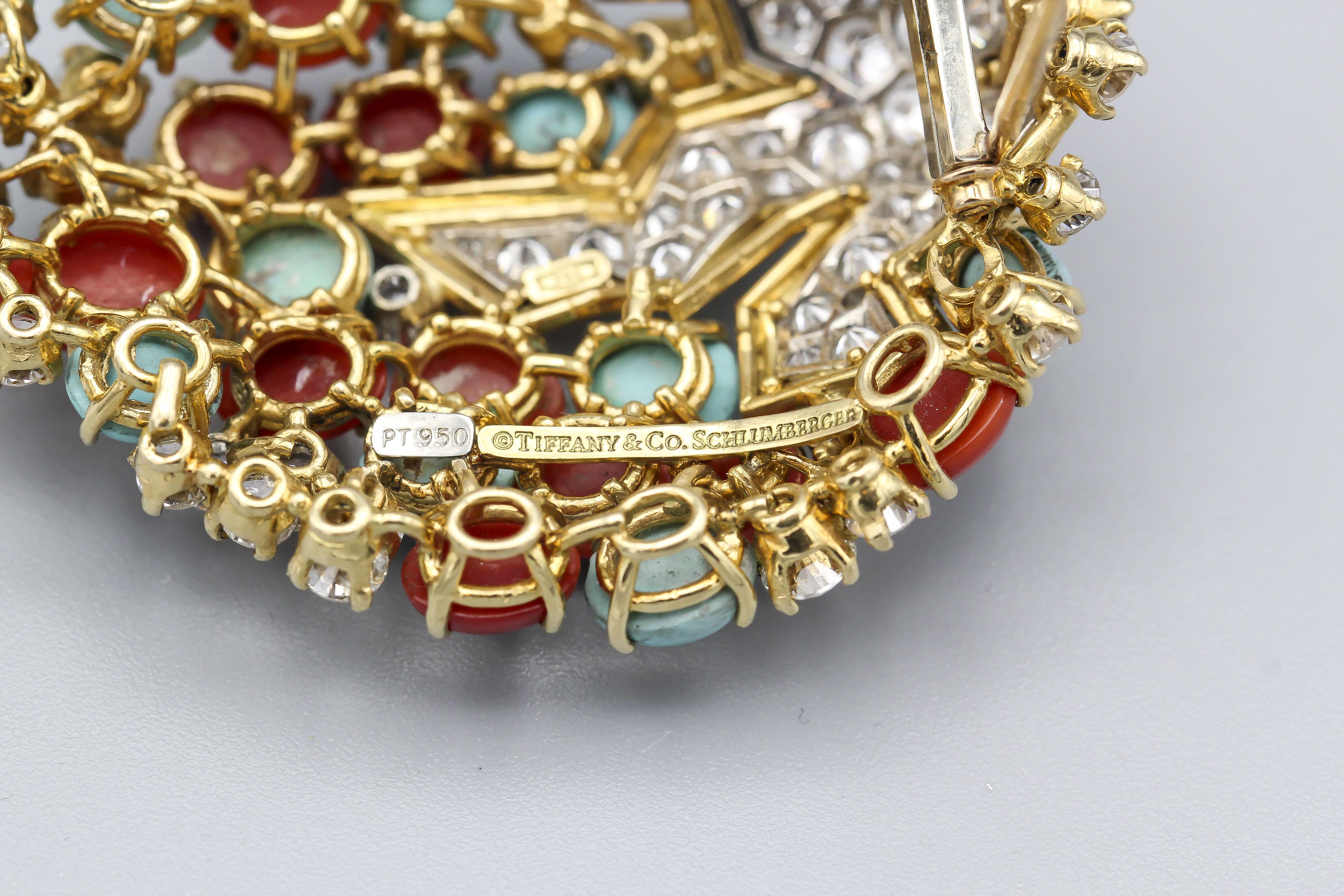 Tiffany & Co. Schlumberger Broche en or 18 carats, corail, turquoise, diamant et platine en vente 1