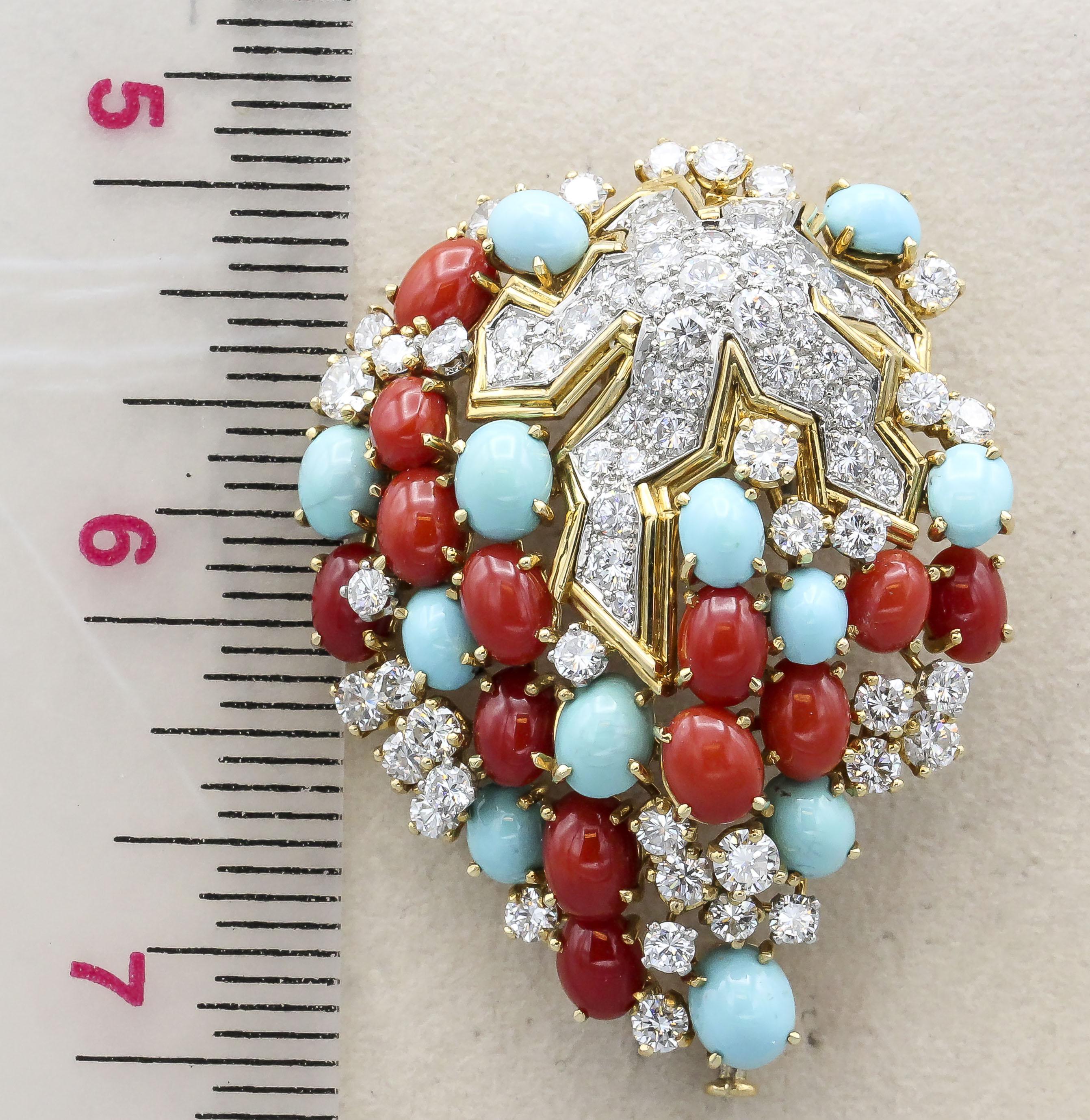 Tiffany & Co. Schlumberger Coral Turquoise Diamond Platinum 18k Gold Brooch For Sale 1