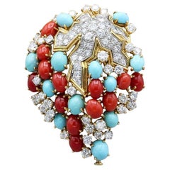 Tiffany & Co. Schlumberger Coral Turquoise Diamond Platinum 18k Gold Brooch