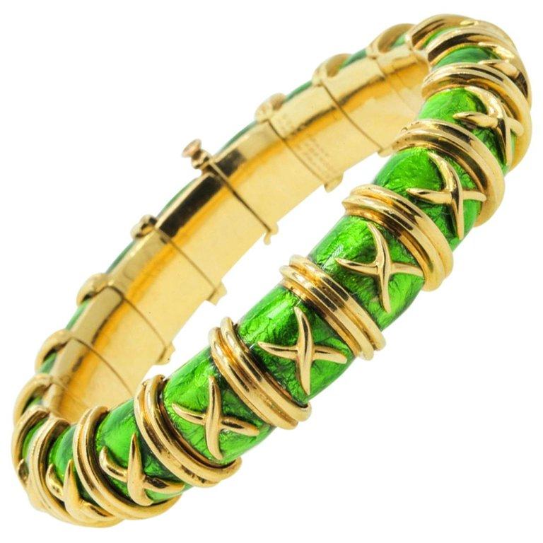 Tiffany & Co. Schlumberger Croisillon Green Paillonne Enamel Bangle Bracelet For Sale
