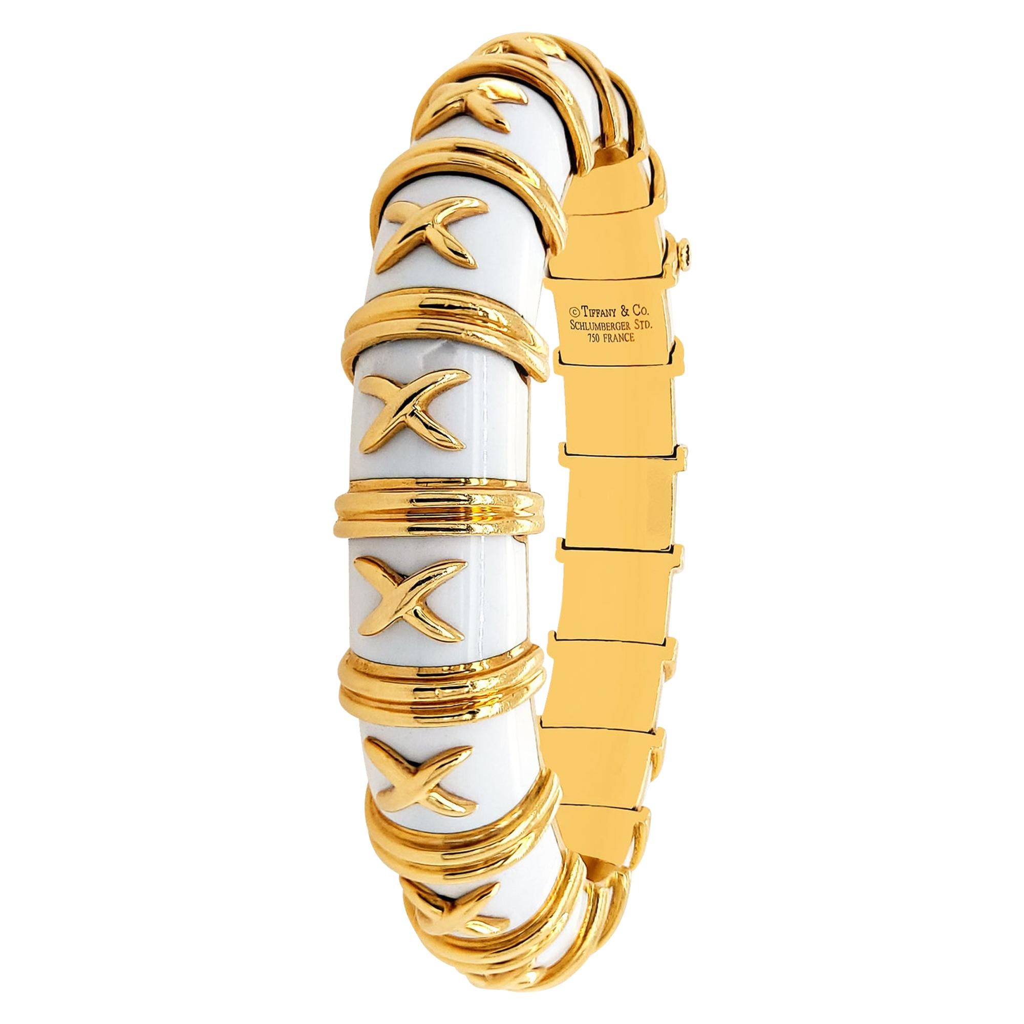 Tiffany & Co. Schlumberger Croisillon White Enamel Gold Bangle