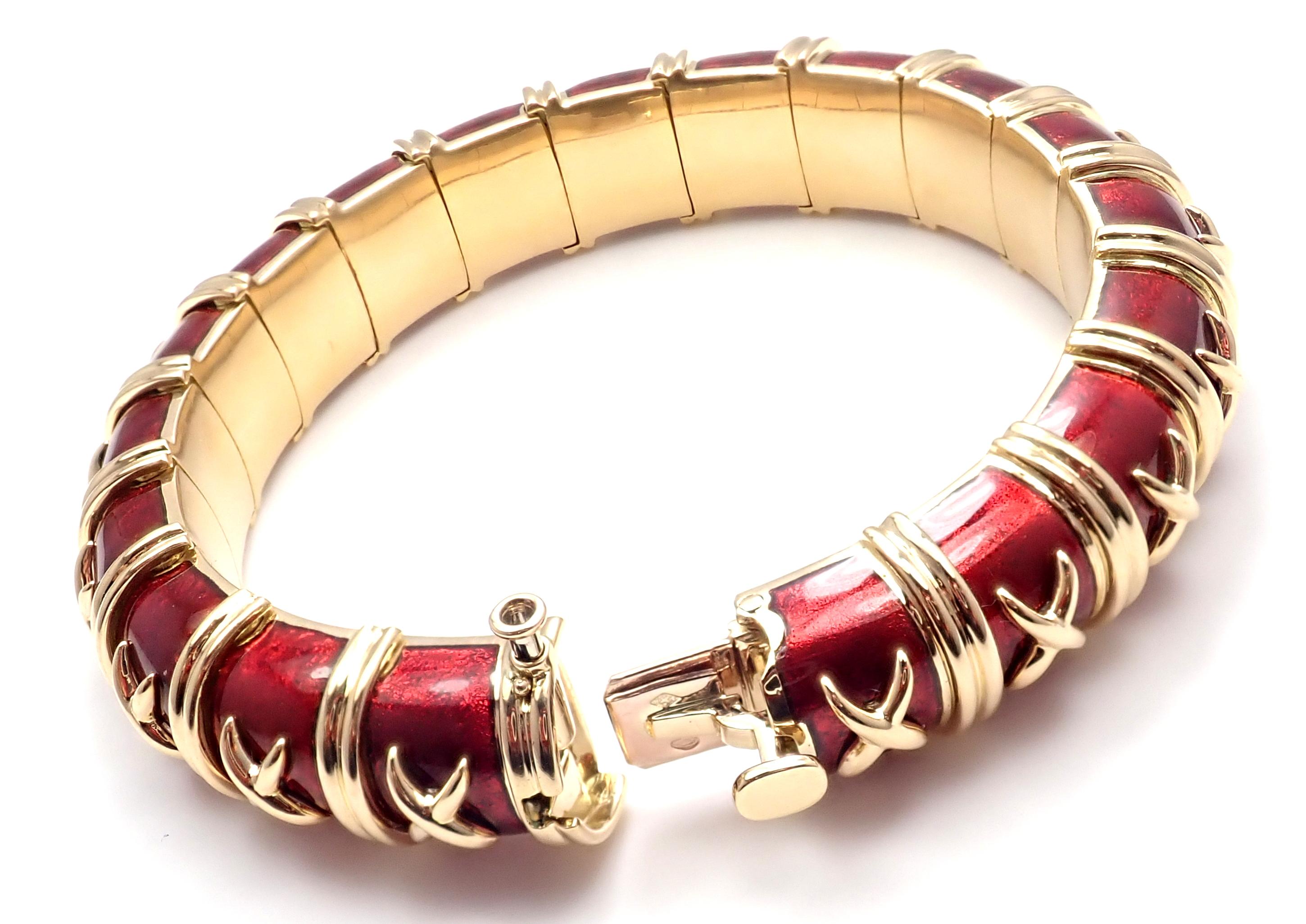 Tiffany & Co. Schlumberger Croissillon Red Enamel Yellow Gold Bangle Bracelet 8