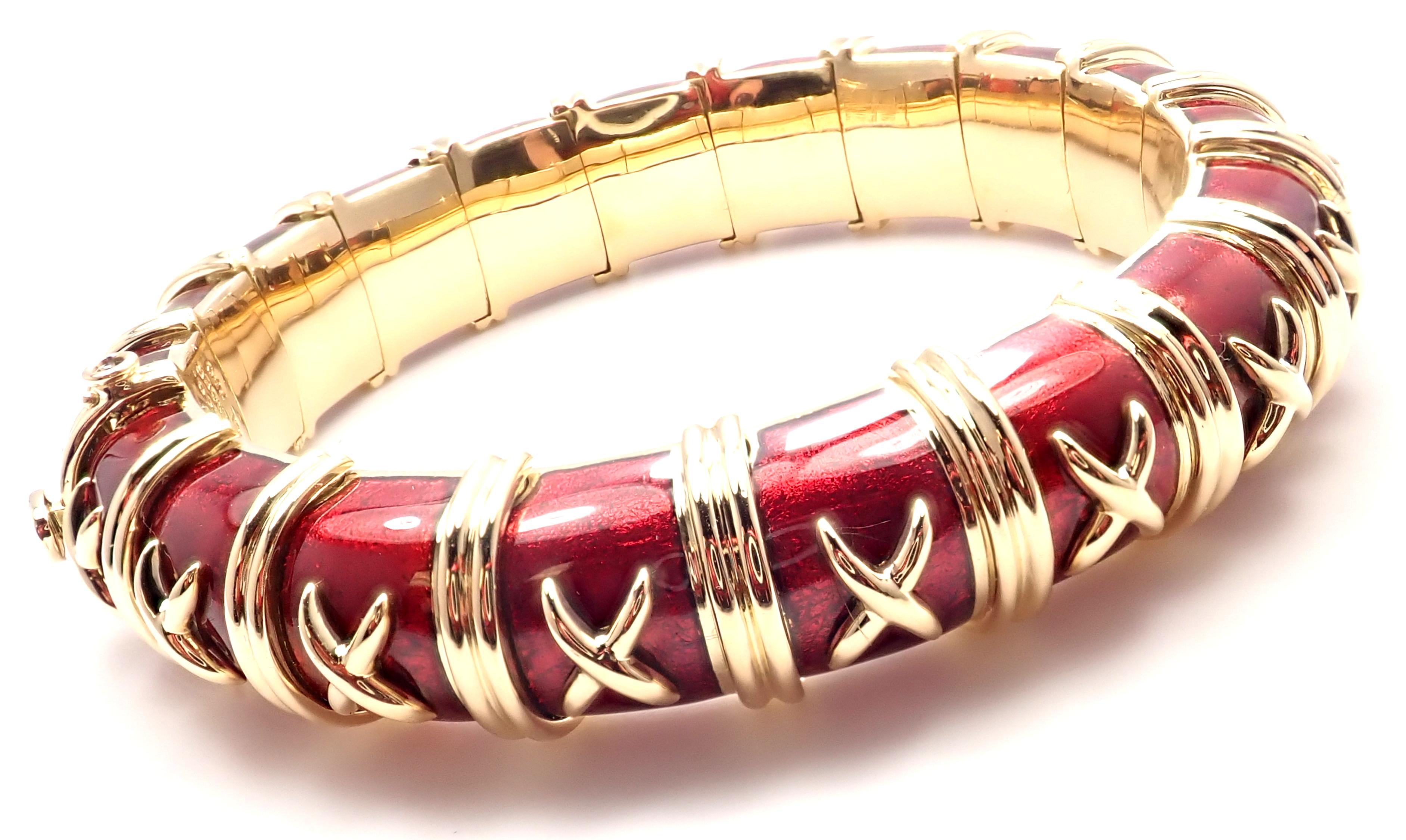 Tiffany & Co. Schlumberger Croissillon Red Enamel Yellow Gold Bangle Bracelet In Excellent Condition In Holland, PA
