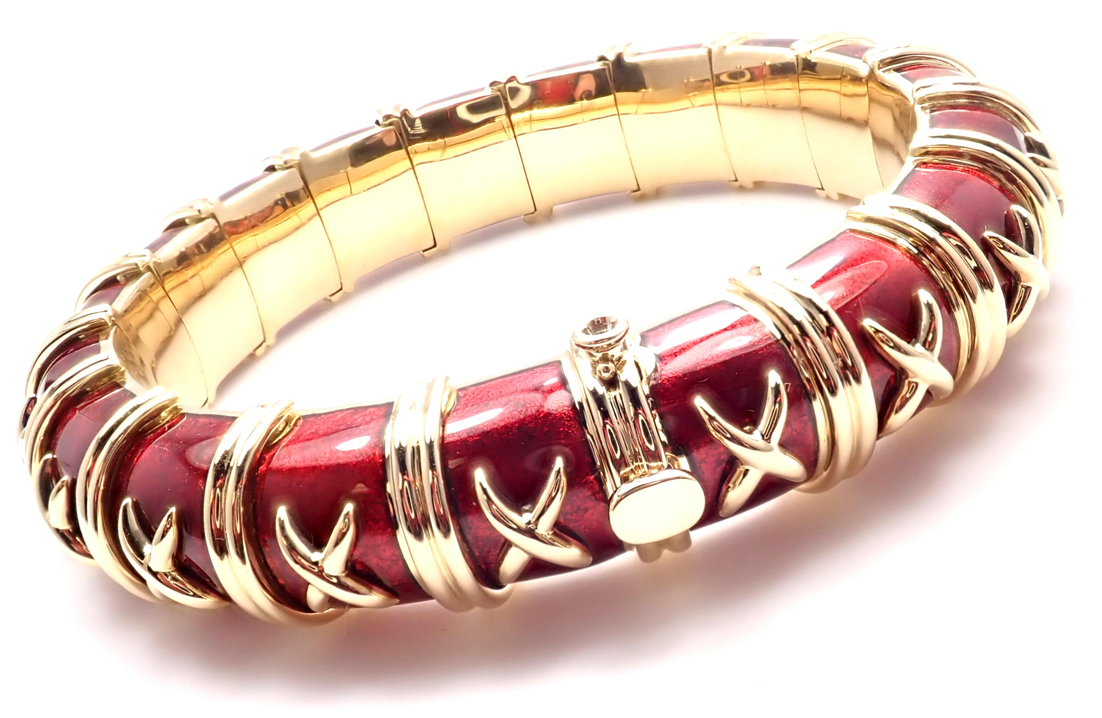 Women's or Men's Tiffany & Co. Schlumberger Croissillon Red Enamel Yellow Gold Bangle Bracelet