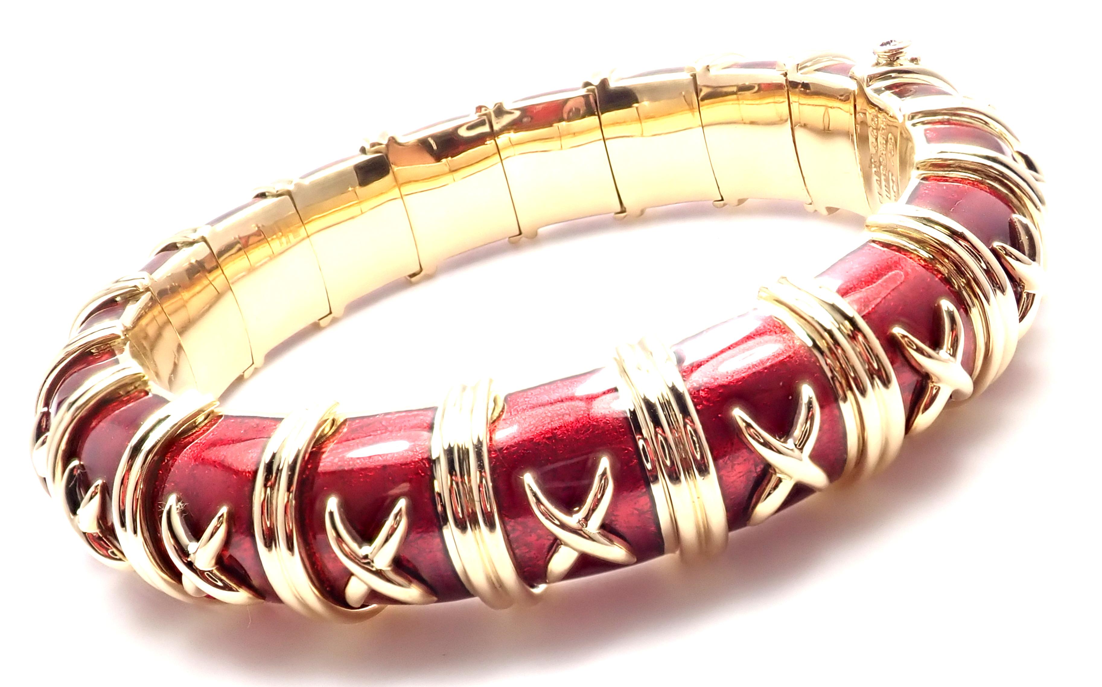 Tiffany & Co. Schlumberger Croissillon Red Enamel Yellow Gold Bangle Bracelet 3