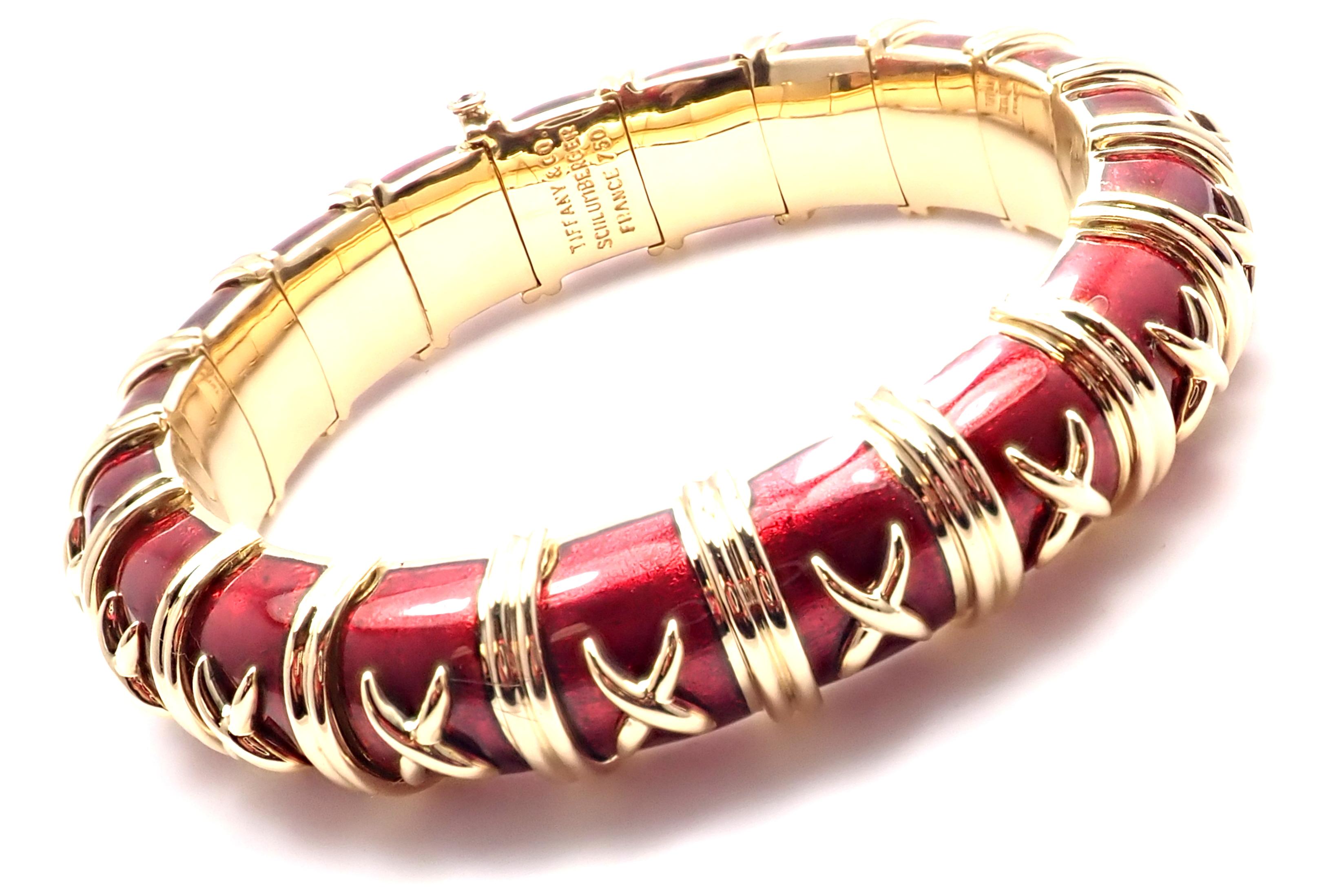 Tiffany & Co. Schlumberger Croissillon Red Enamel Yellow Gold Bangle Bracelet 5