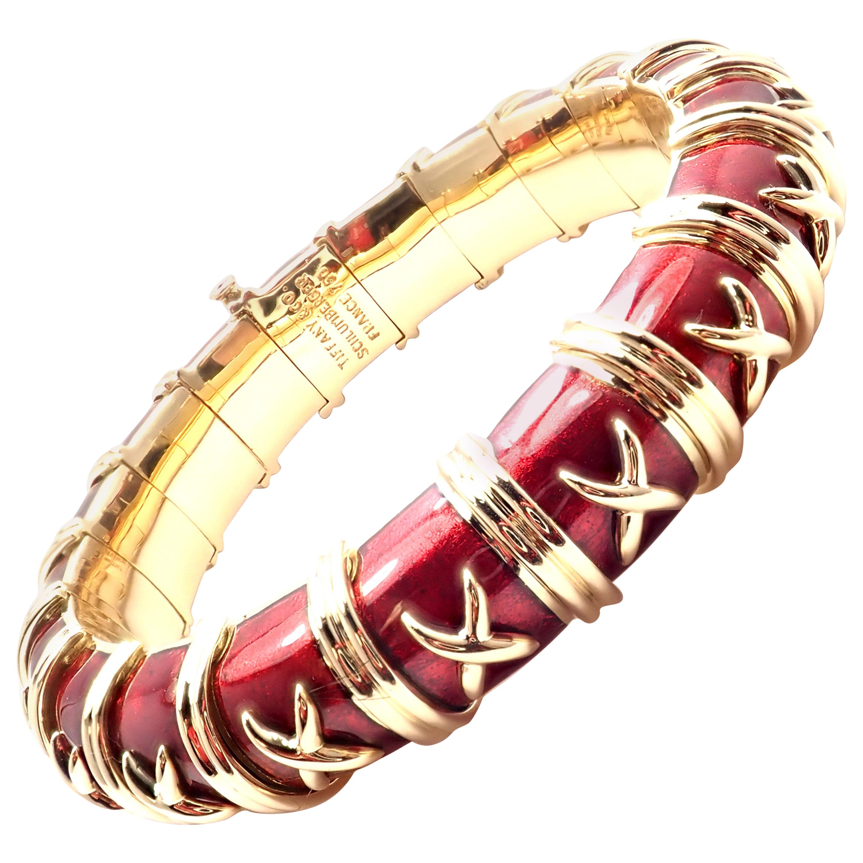 Tiffany & Co. Schlumberger Croissillon Red Enamel Yellow Gold Bangle Bracelet