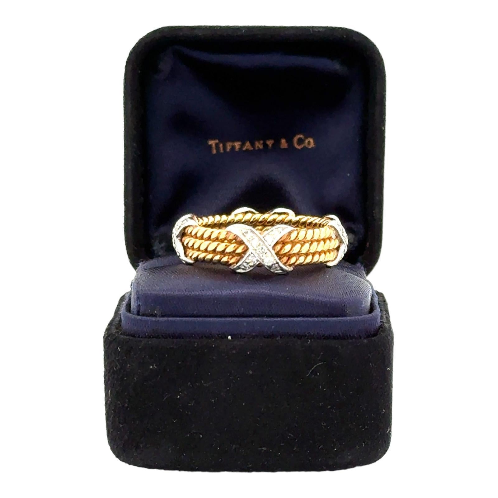 Tiffany & Co. Schlumberger Diamond 18 Karat Yellow Gold Three-Row X Ring Sz 8 In Excellent Condition In Boca Raton, FL