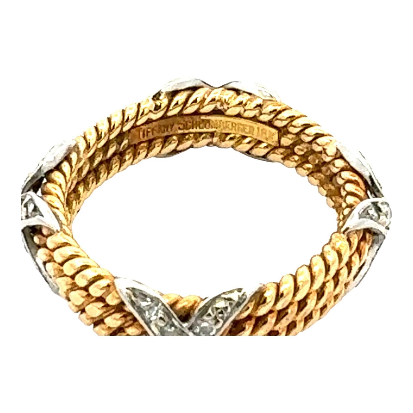 Women's Tiffany & Co. Schlumberger Diamond 18 Karat Yellow Gold Three-Row X Ring Sz 8