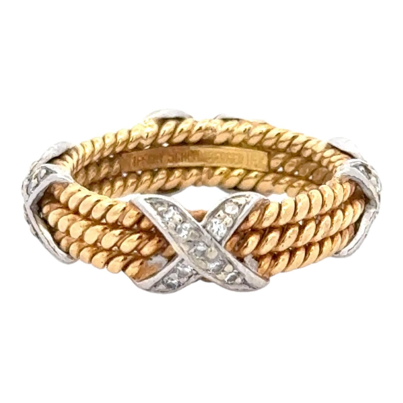 Tiffany & Co. Schlumberger Diamond 18 Karat Yellow Gold Three-Row X Ring Sz 8 1