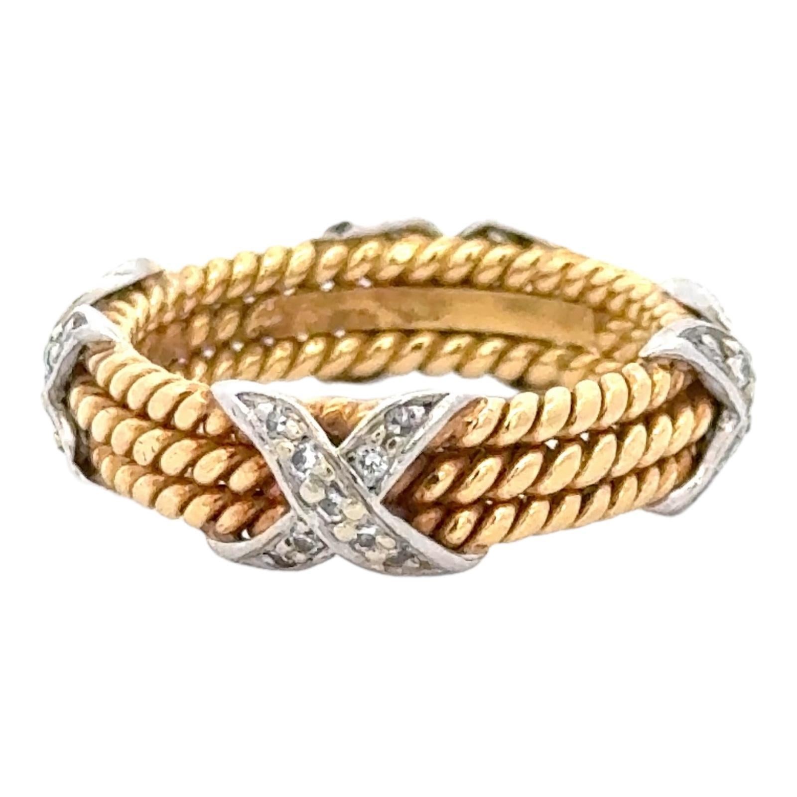 Tiffany & Co. Schlumberger Diamond 18 Karat Yellow Gold Three-Row X Ring Sz 8 2