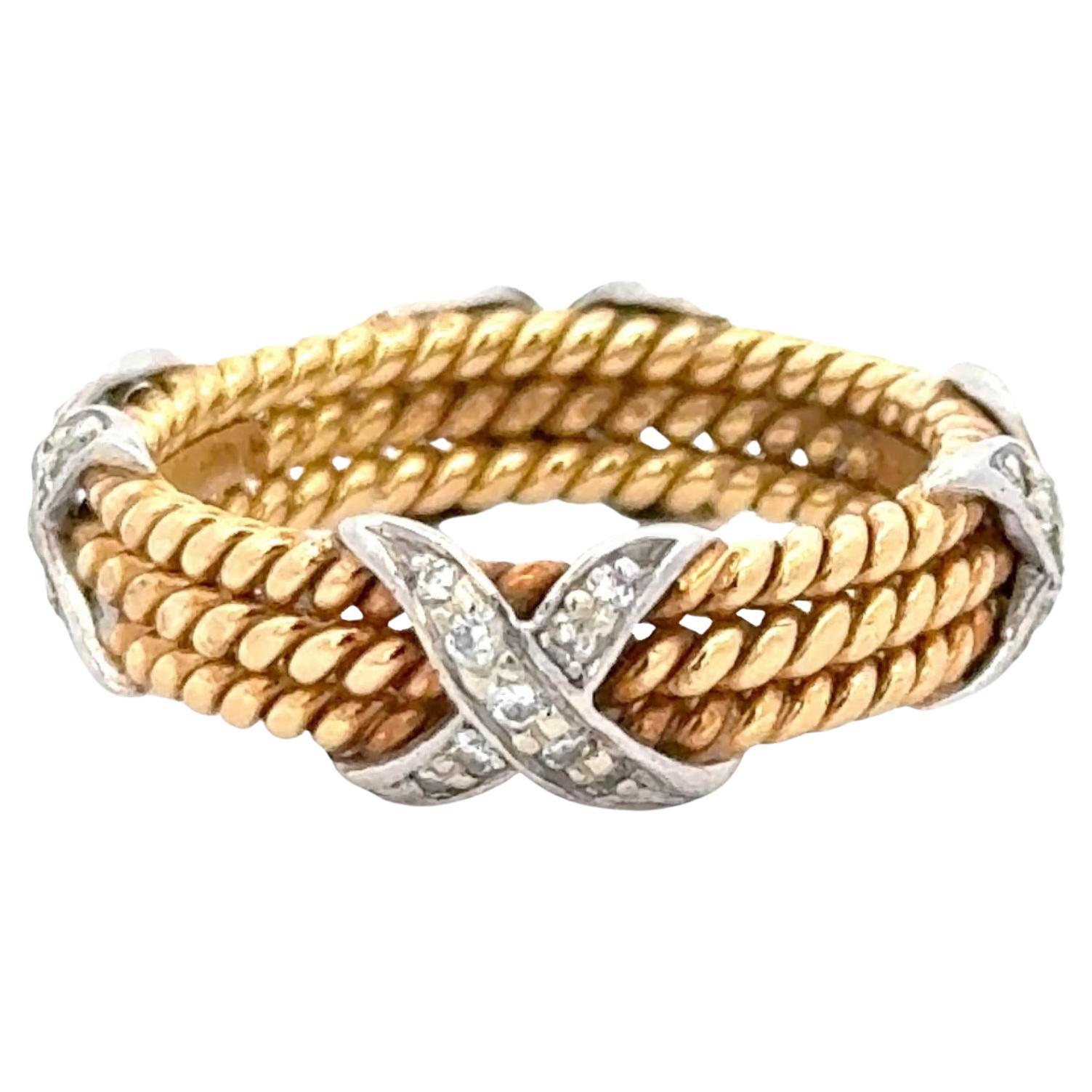 Tiffany & Co. Schlumberger Diamond 18 Karat Yellow Gold Three-Row X Ring Sz 8 For Sale