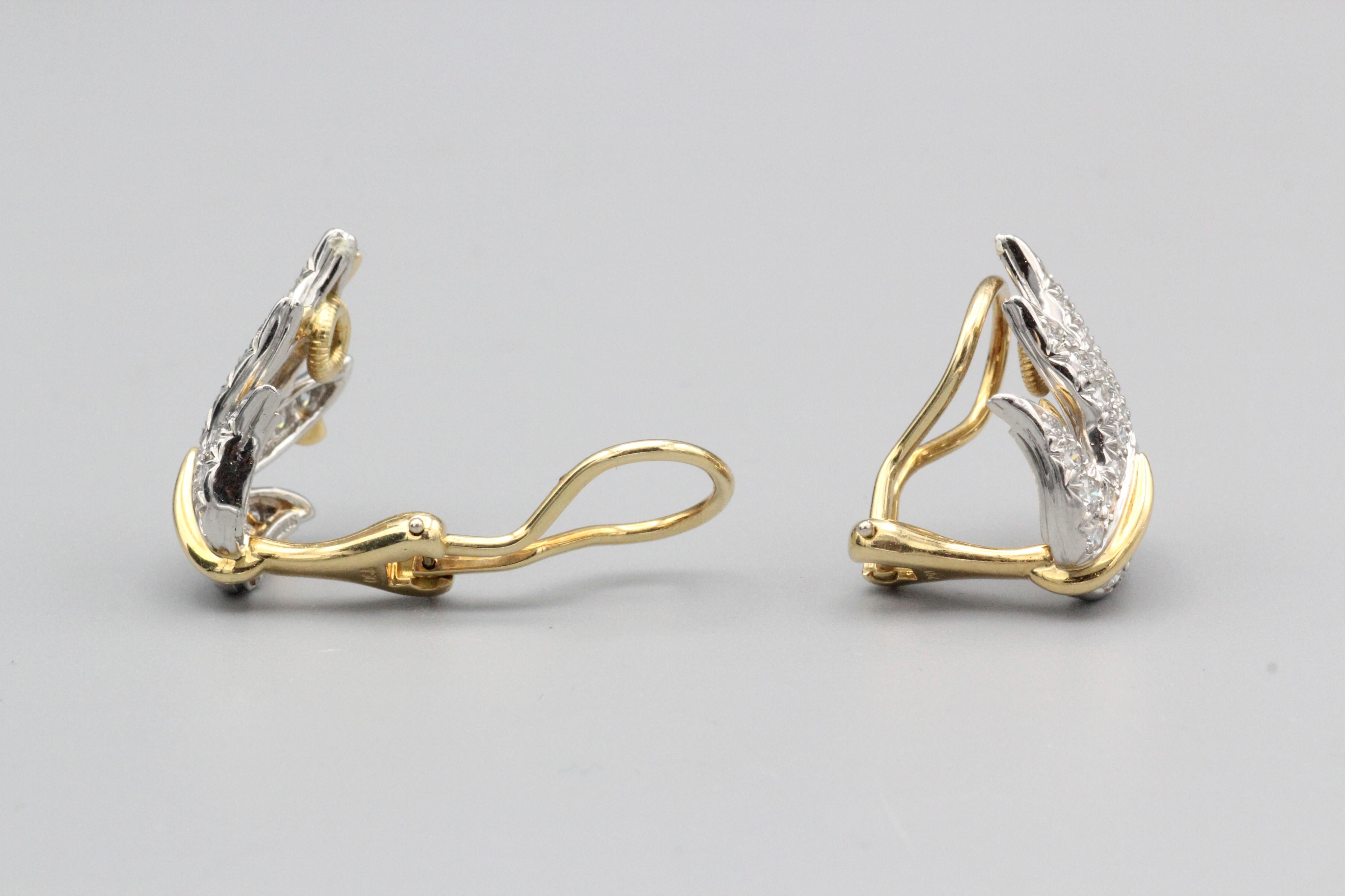 Brilliant Cut Tiffany & Co. Schlumberger Diamond 18k Gold Platinum Leaf Earrings For Sale