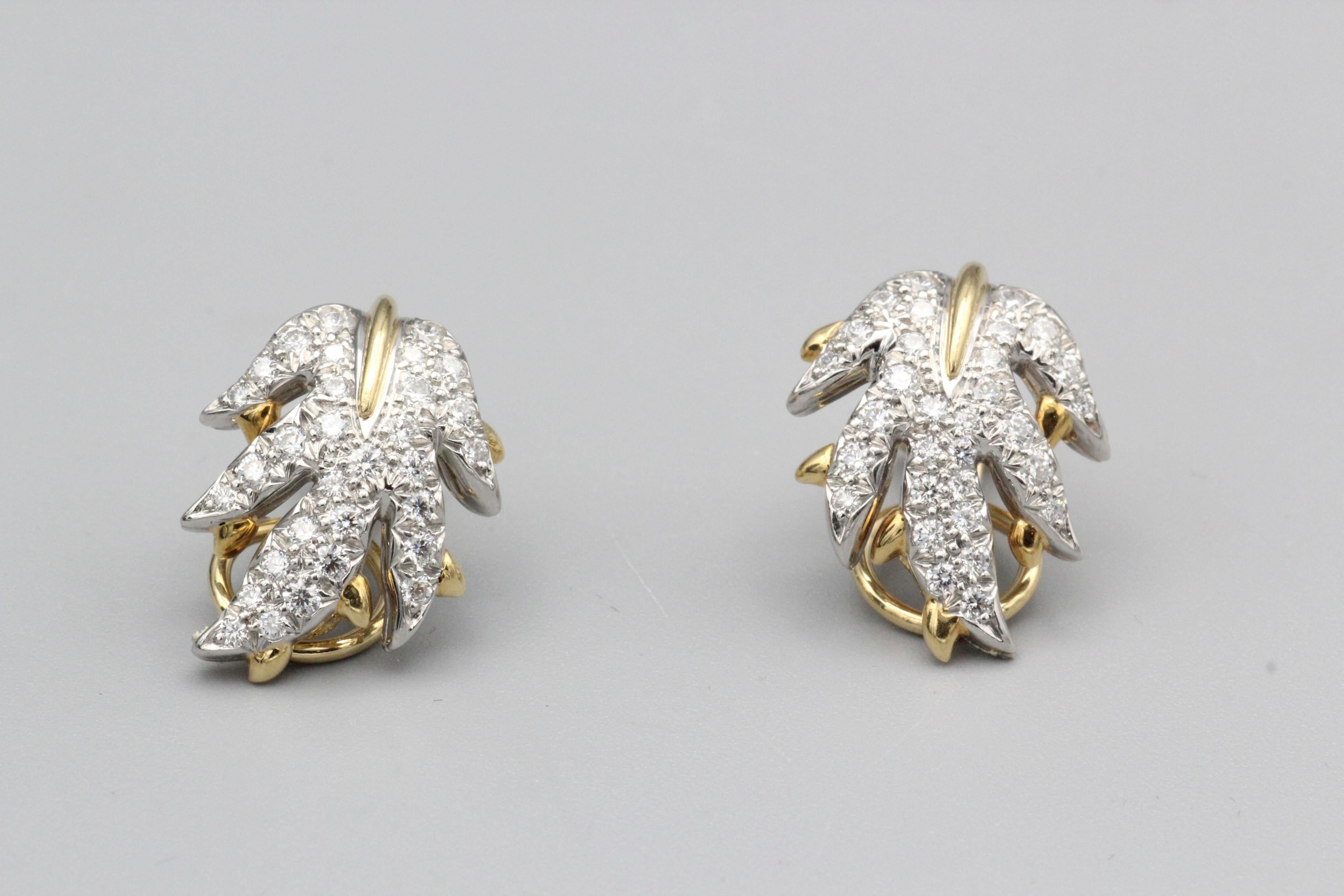 Tiffany & Co. Schlumberger Diamond 18k Gold Platinum Leaf Earrings In Excellent Condition For Sale In New York, NY