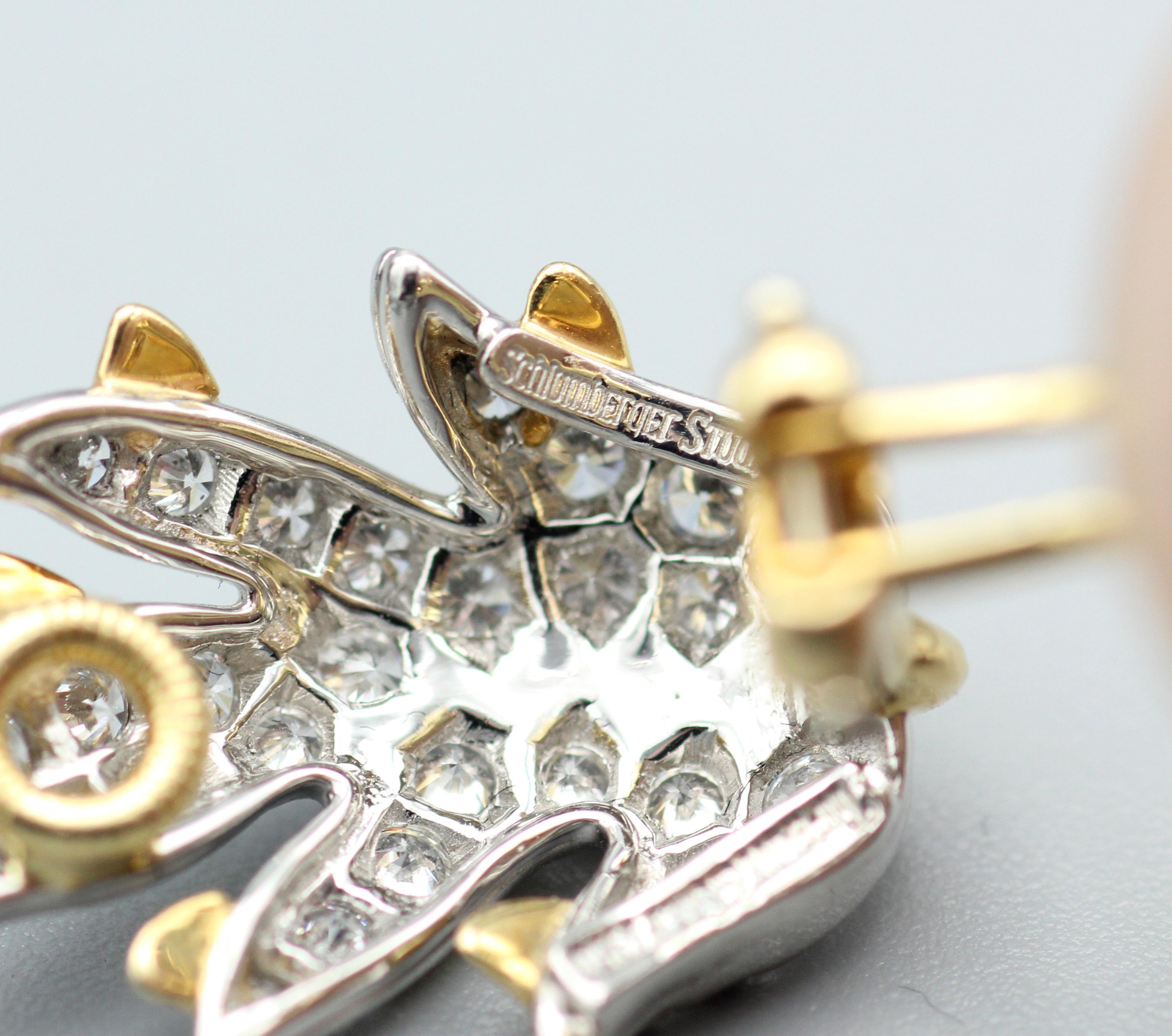 Brilliant Cut Tiffany & Co. Schlumberger Diamond 18k Gold Platinum Leaf Earrings
