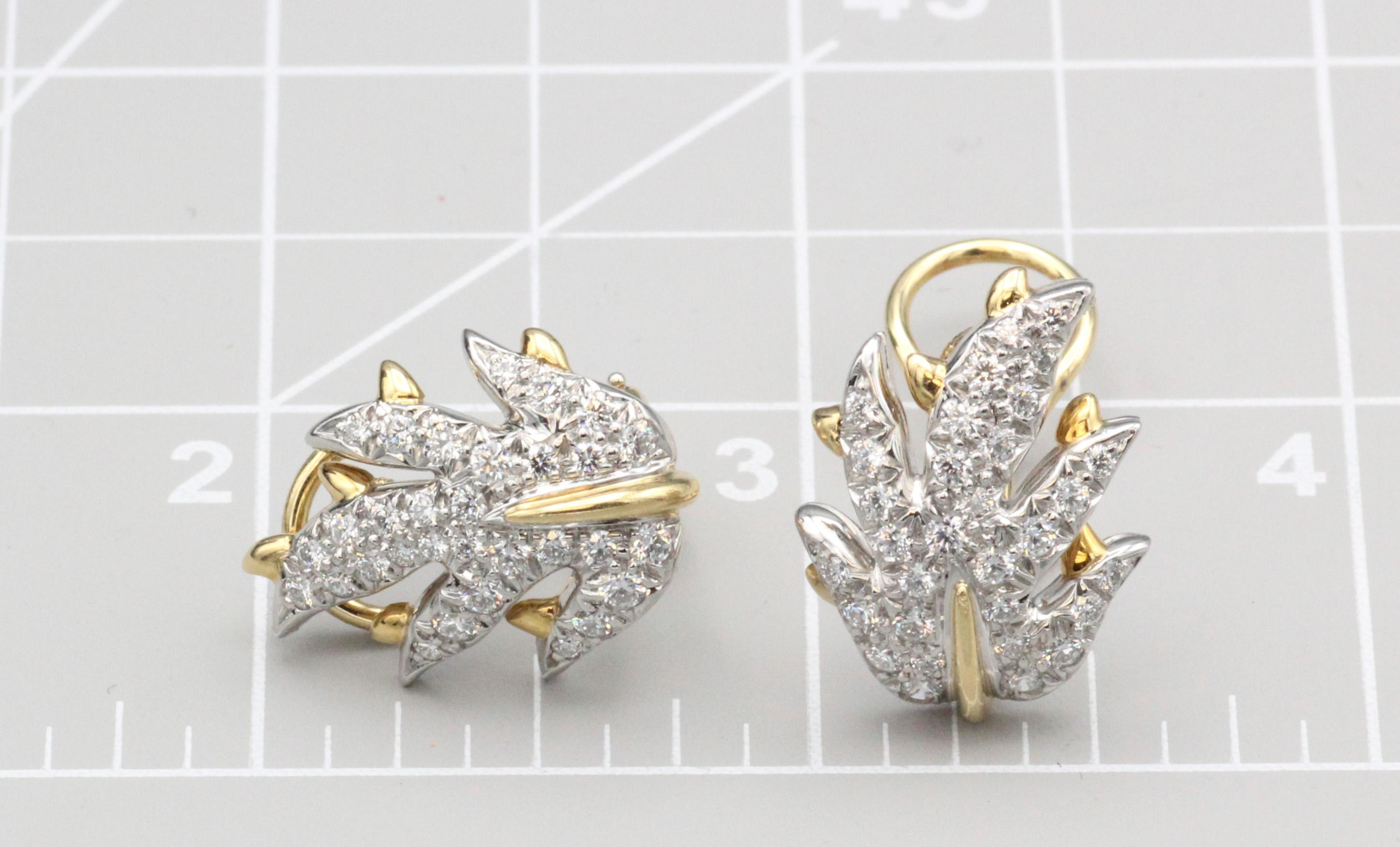 Tiffany & Co. Schlumberger Diamond 18k Gold Platinum Leaf Earrings In Excellent Condition In New York City, NY