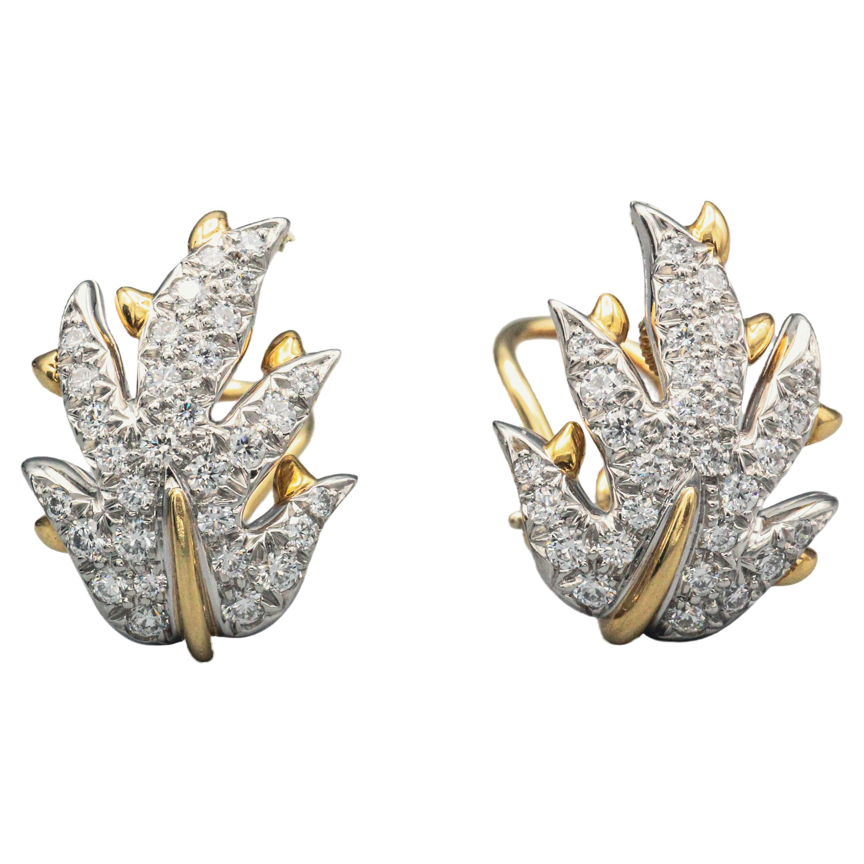 Tiffany & Co. Schlumberger Diamond 18k Gold Platinum Leaf Earrings For Sale