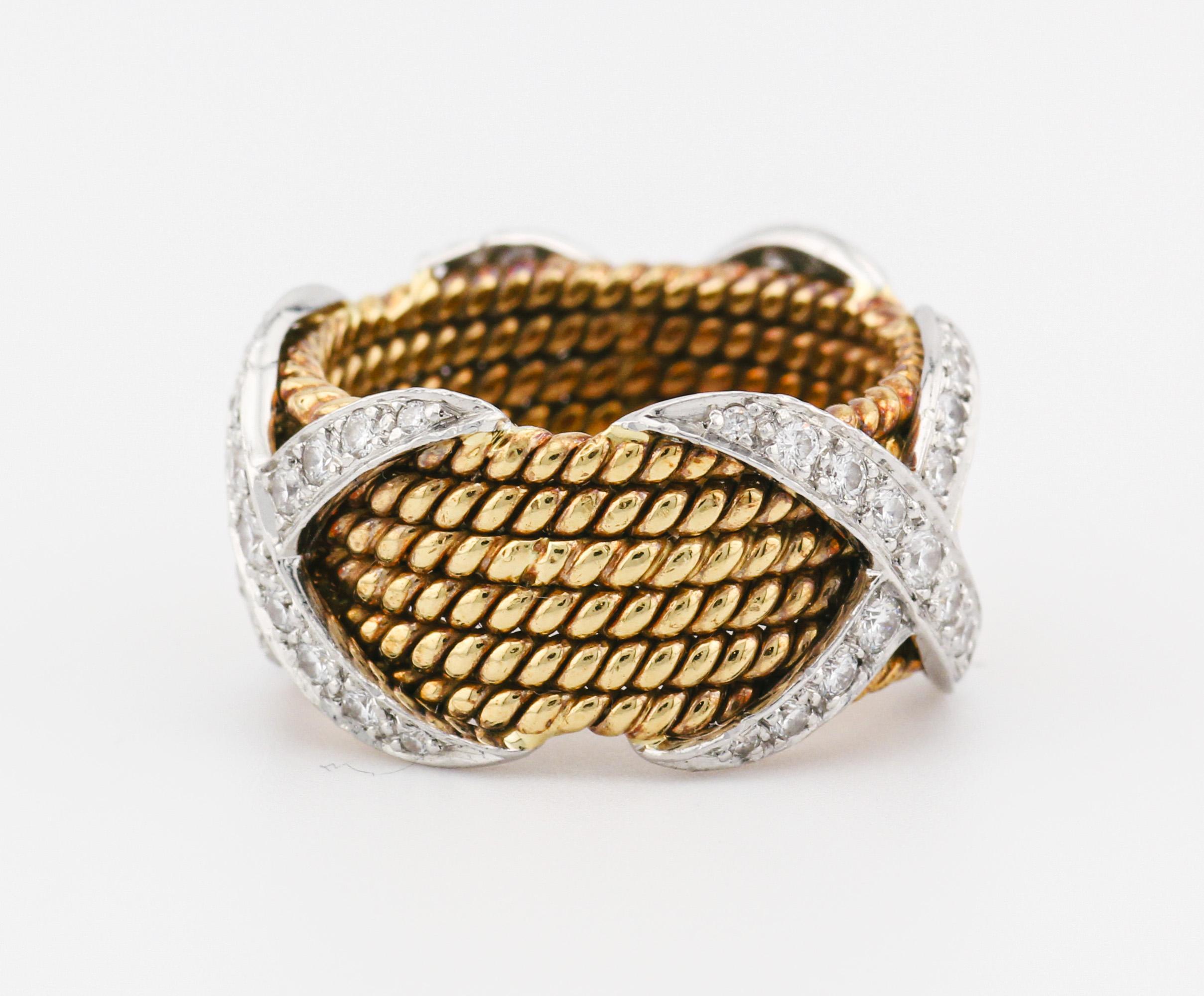 Tiffany & Co. Schlumberger Diamant 18K Gold Platin Seilband Größe 5,5 (Brillantschliff) im Angebot