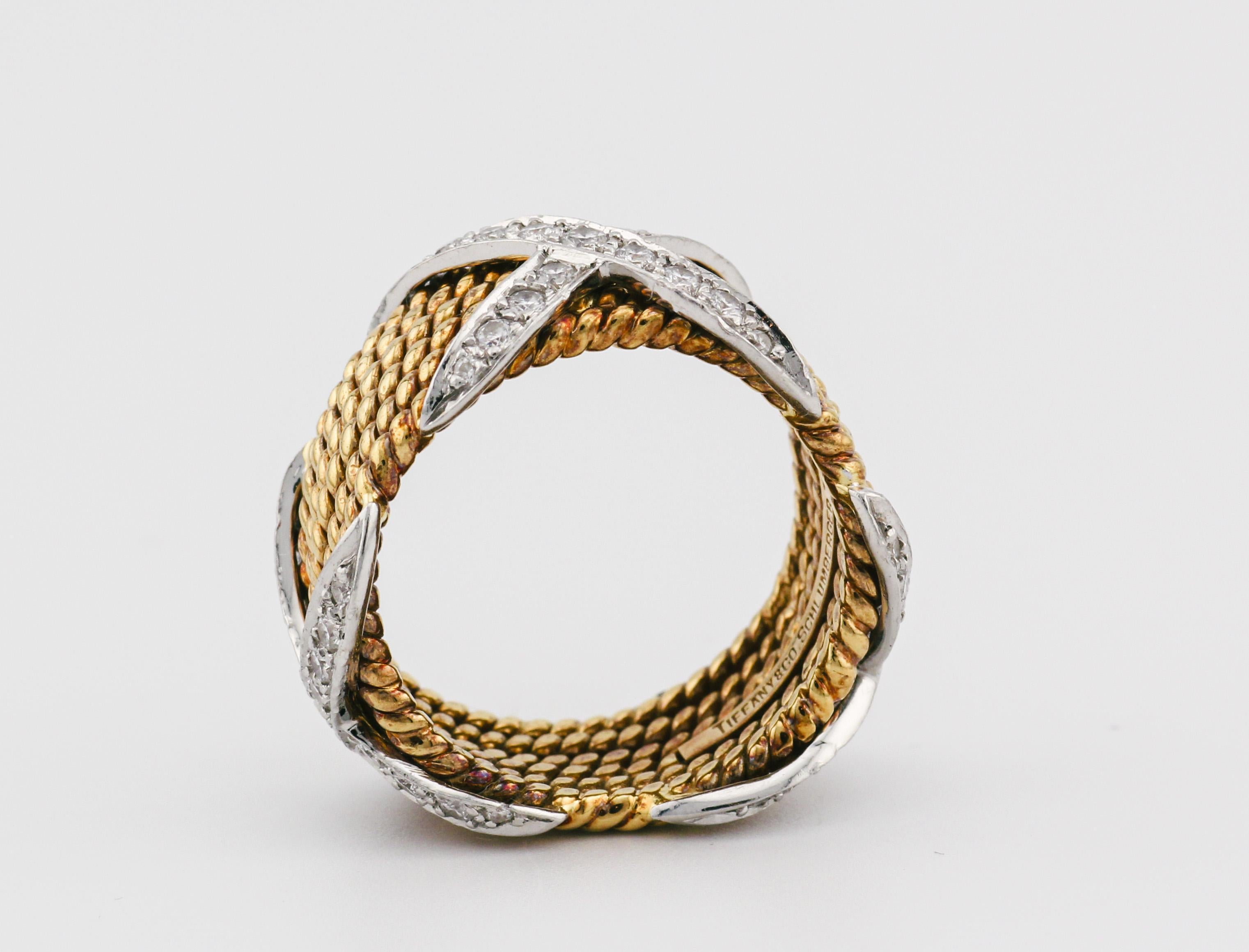 Tiffany & Co. Schlumberger Diamant 18K Gold Platin Seilband Größe 5,5 im Zustand „Gut“ im Angebot in Bellmore, NY