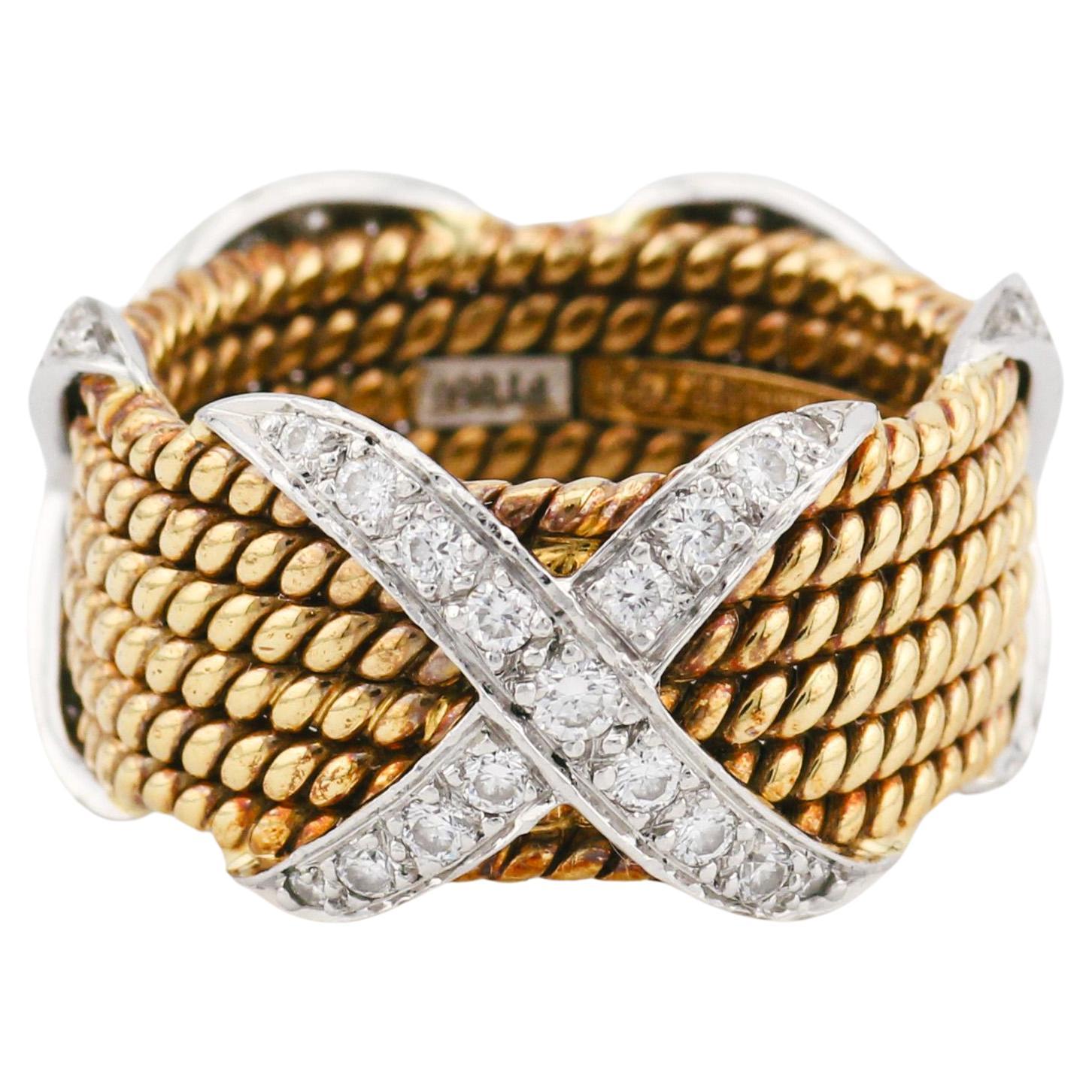 Tiffany & Co. Schlumberger Diamond 18K Gold Platinum Rope Band Size 5.5 For Sale