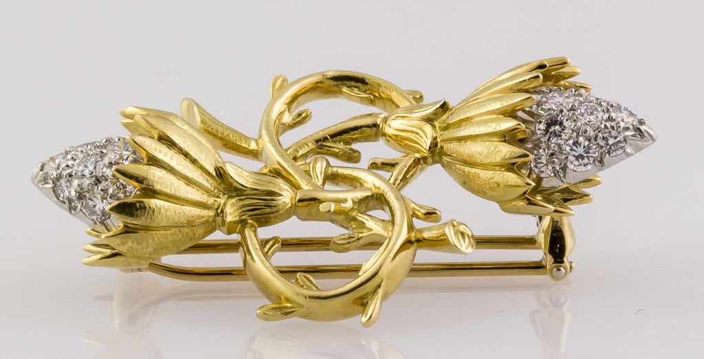 Tiffany & Co. Schlumberger Diamond 18k Gold Platinum Twin Buds Brooch Pin In Good Condition In New York, NY