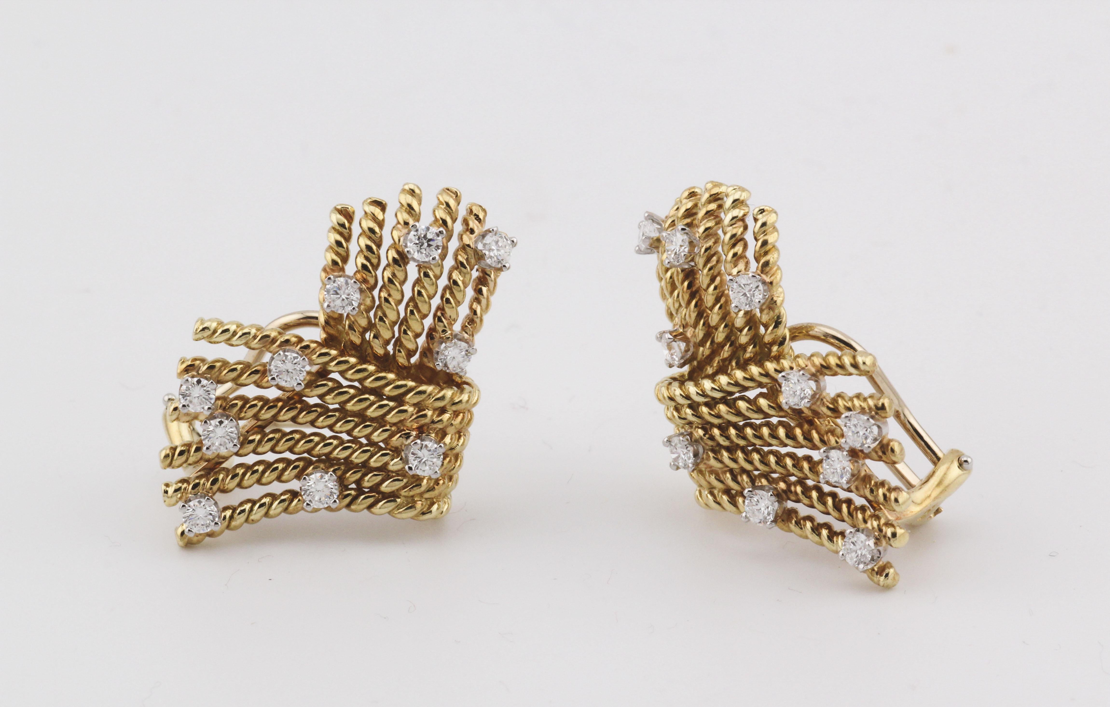 Brilliant Cut Tiffany & Co. Schlumberger Diamond 18k Gold V-Rope Ear Clips Earrings