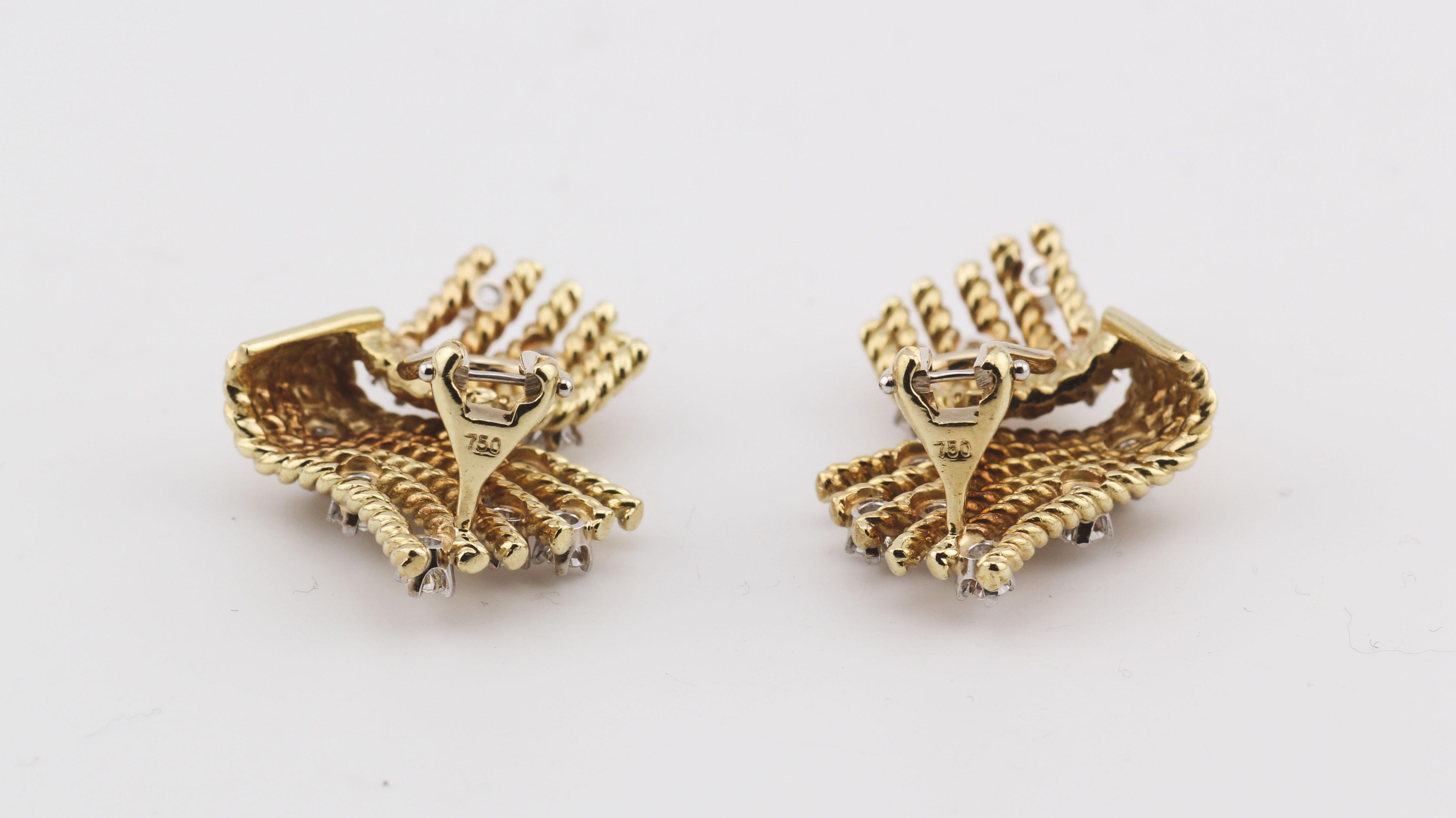 Tiffany & Co. Schlumberger Diamond 18k Gold V-Rope Ear Clips Earrings In Good Condition In Simpsonville, SC