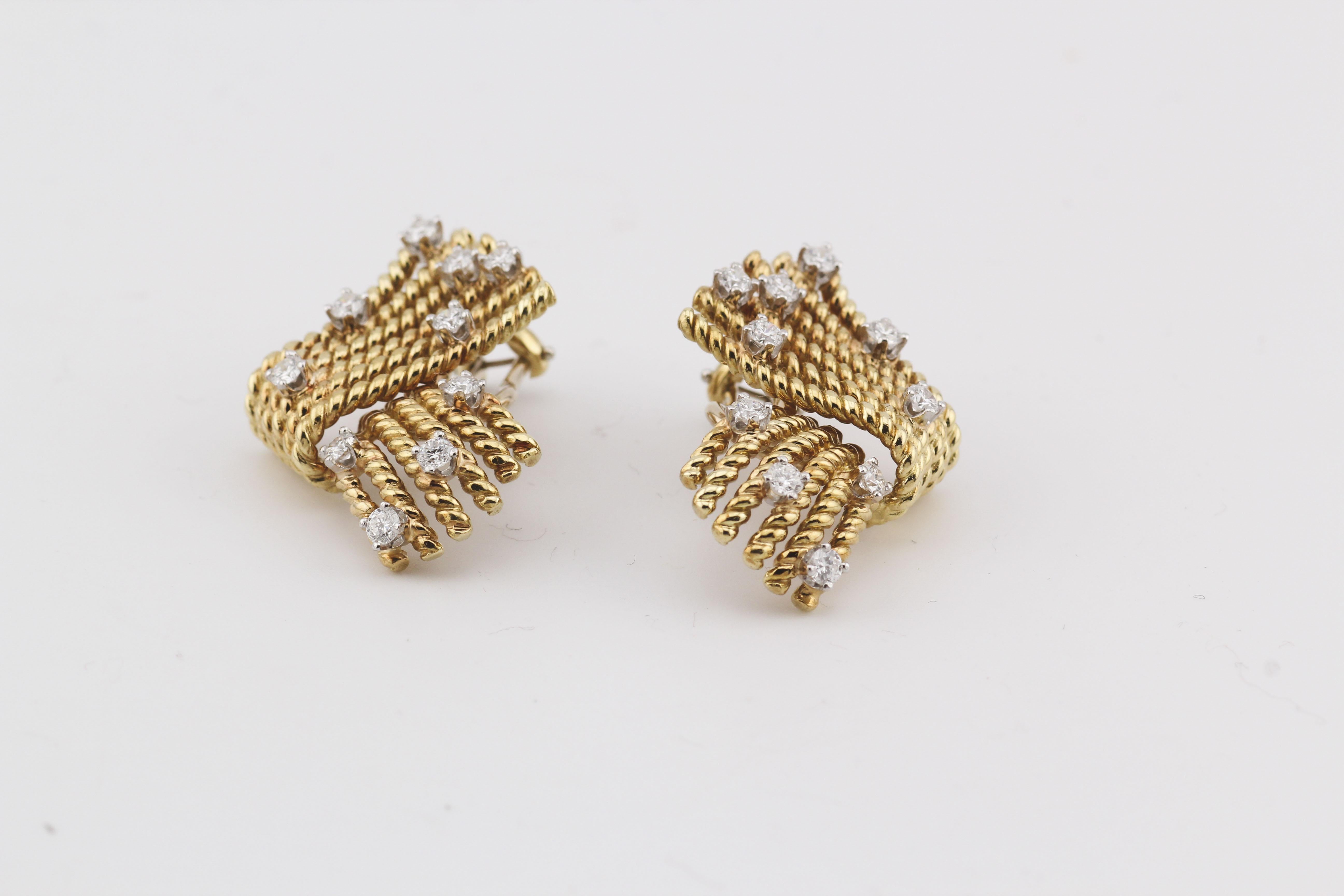 Women's Tiffany & Co. Schlumberger Diamond 18k Gold V-Rope Ear Clips Earrings