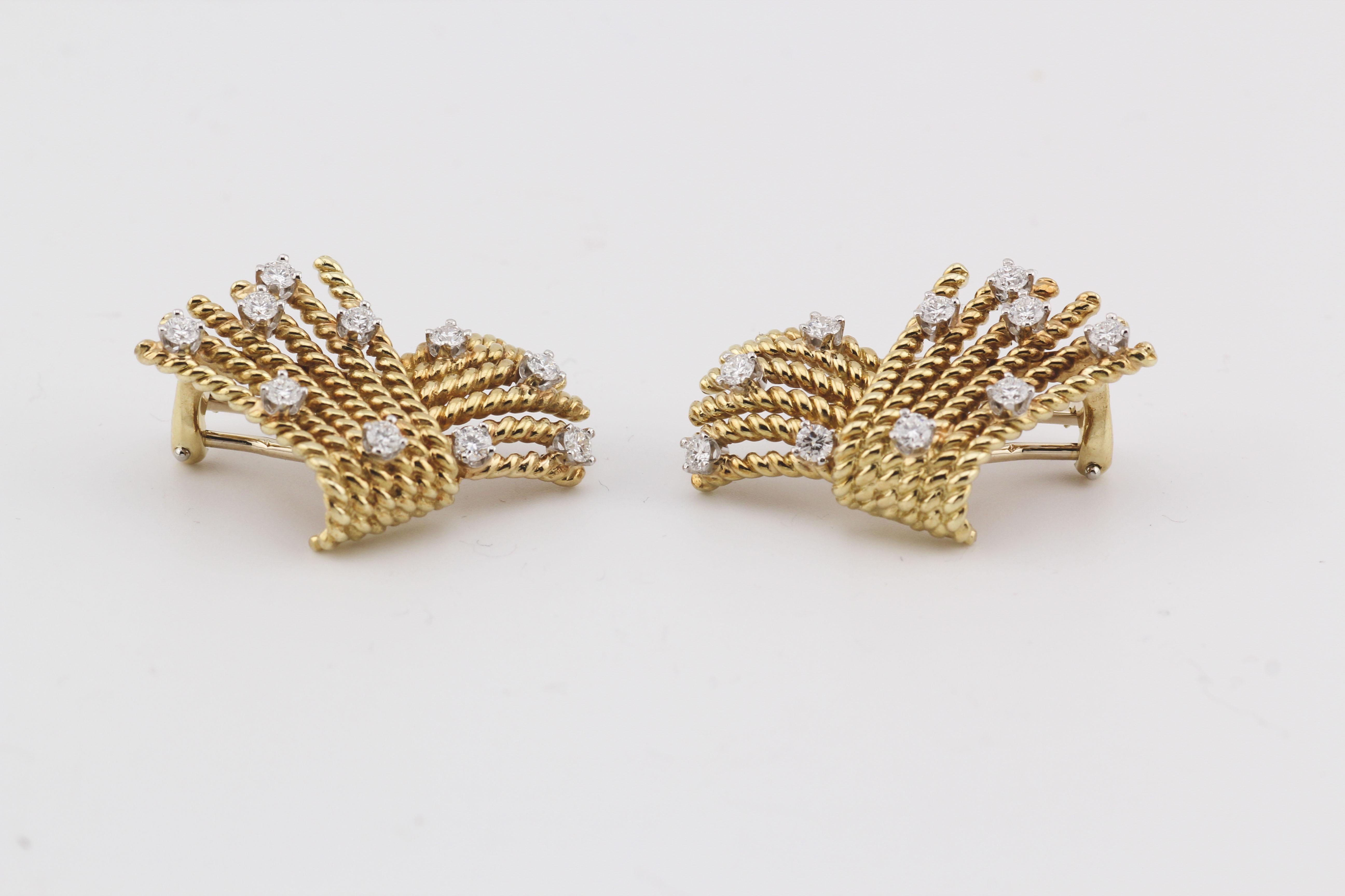 Tiffany & Co. Schlumberger Diamond 18k Gold V-Rope Ear Clips Earrings 1