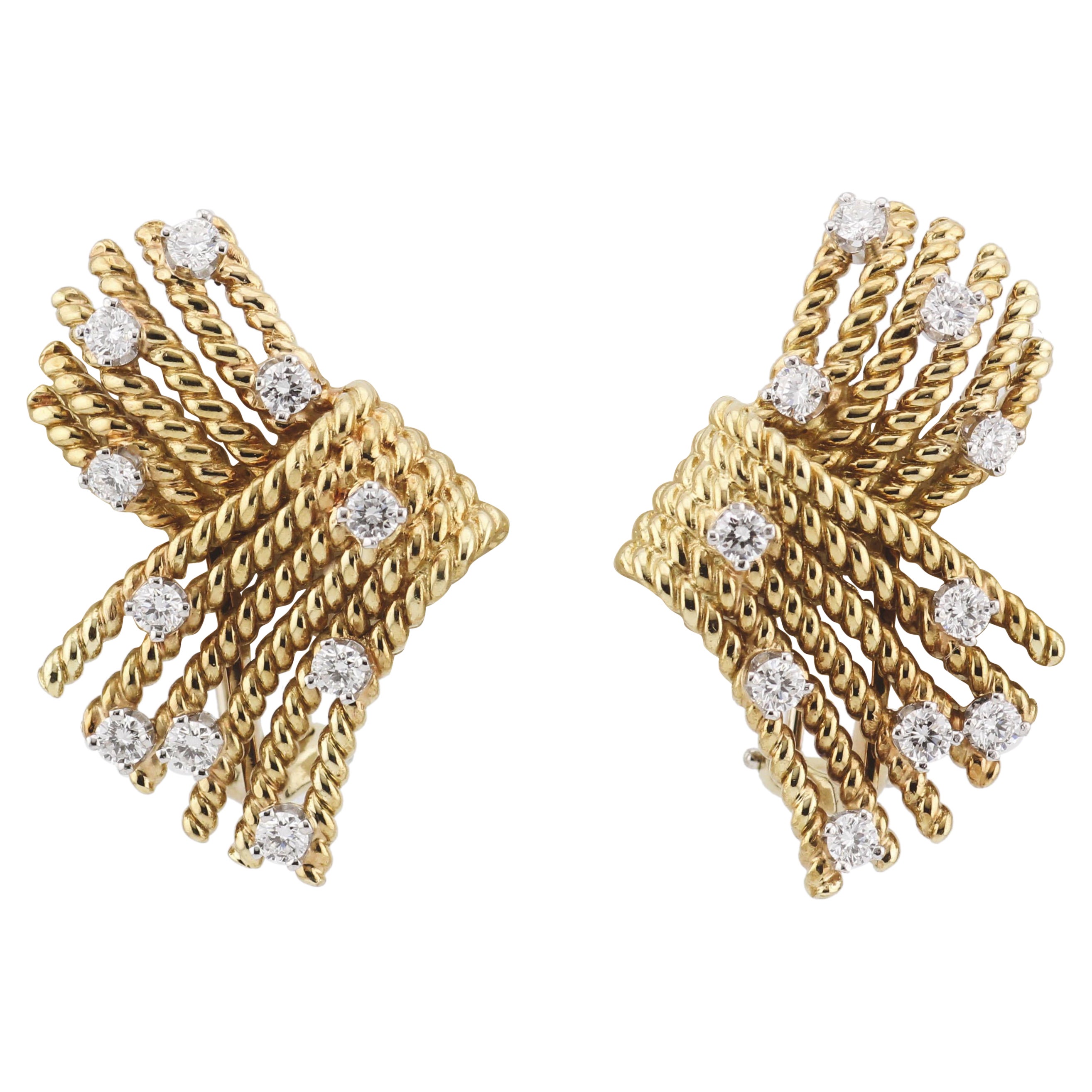 Tiffany & Co. Schlumberger Diamond 18k Gold V-Rope Ear Clips Earrings