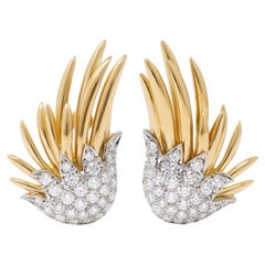 Tiffany & Co. Schlumberger Diamond 18K Platinum Vintage Flame Ear-Clip Earrings