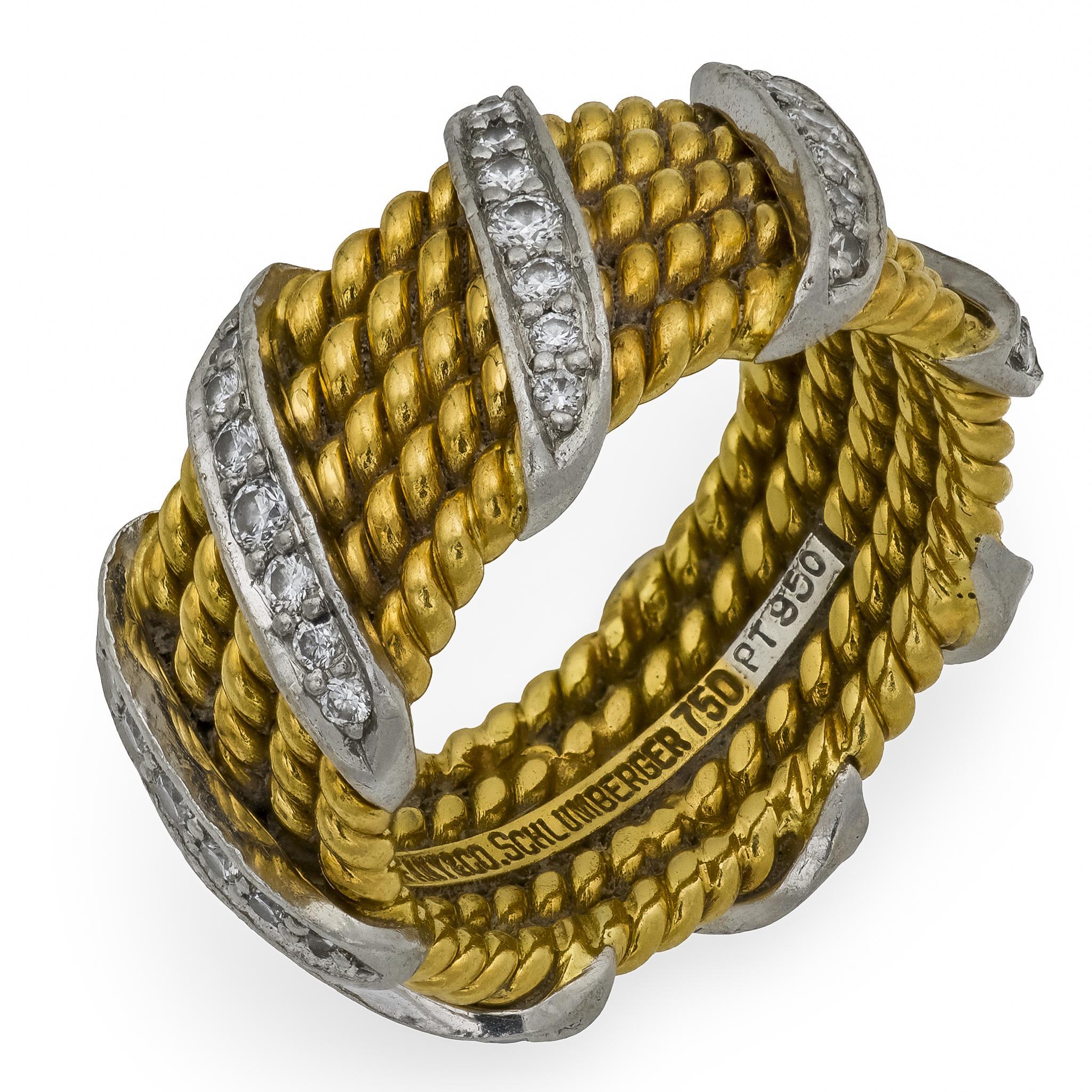 Tiffany & Co. Schlumberger diamond 18k yellow gold and platinum band In Good Condition For Sale In Beverly Hills, CA