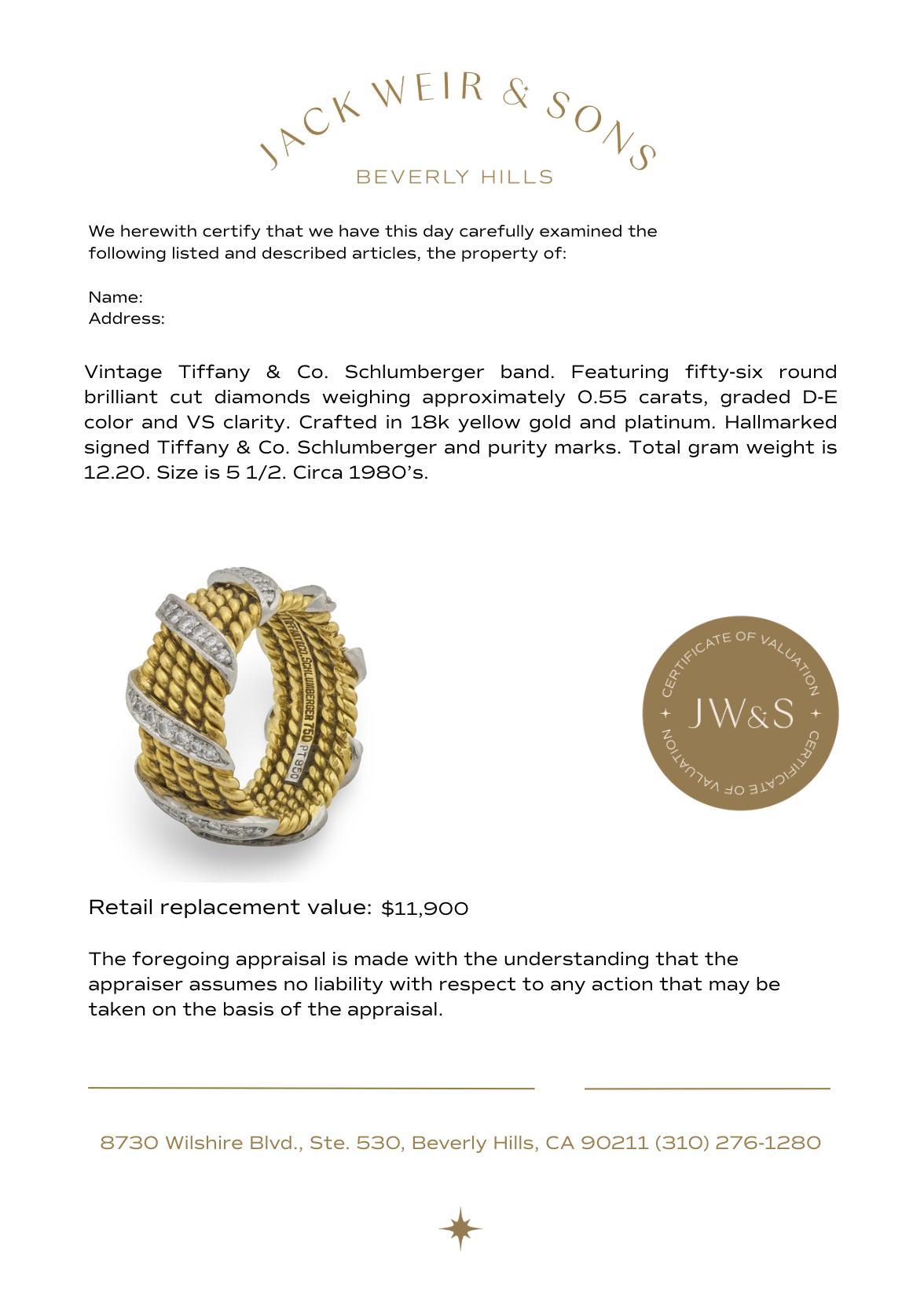 Tiffany & Co. Schlumberger diamond 18k yellow gold and platinum band For Sale 1