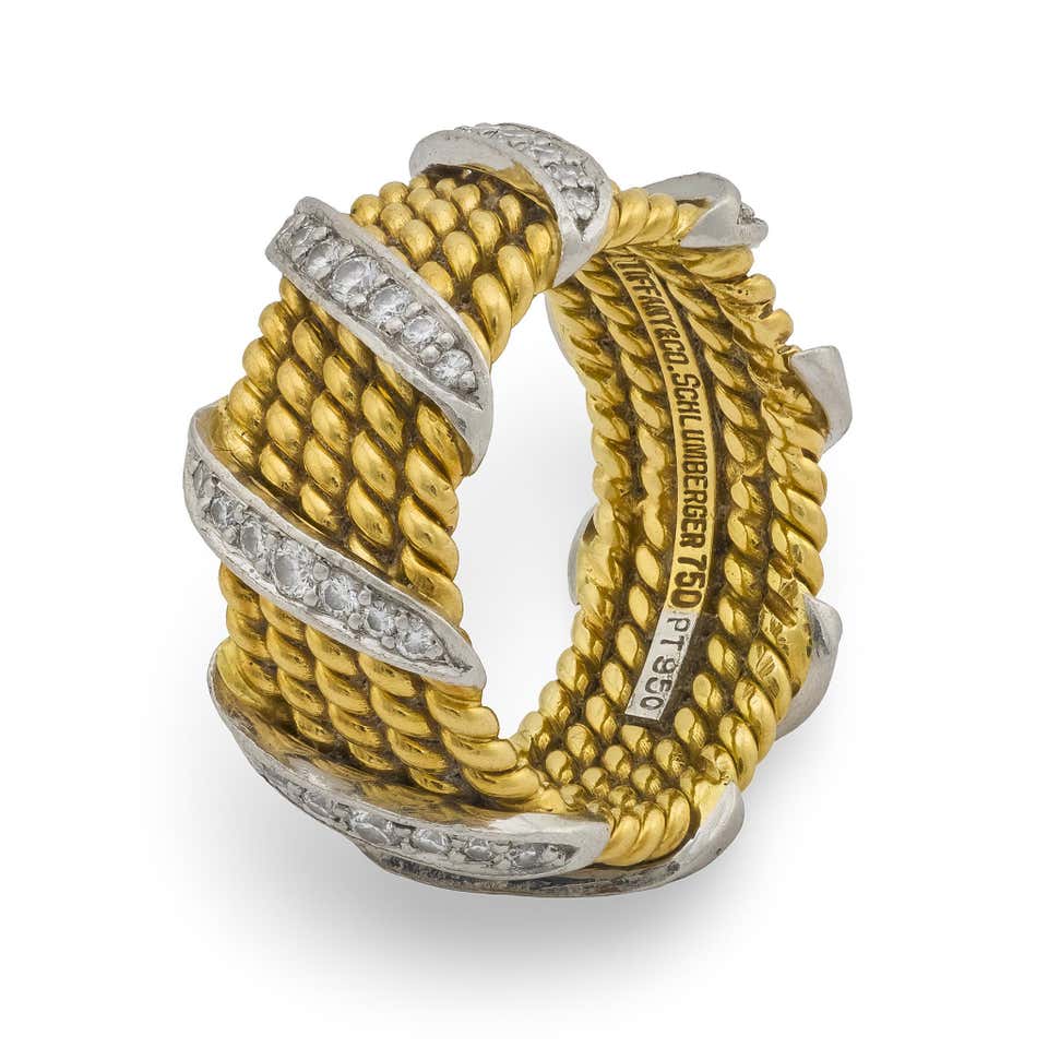 Diamond Ring Rope Tiffany and Co. Schlumberger Diamond 18K Gold Platinum Rope Band Size 5 ...