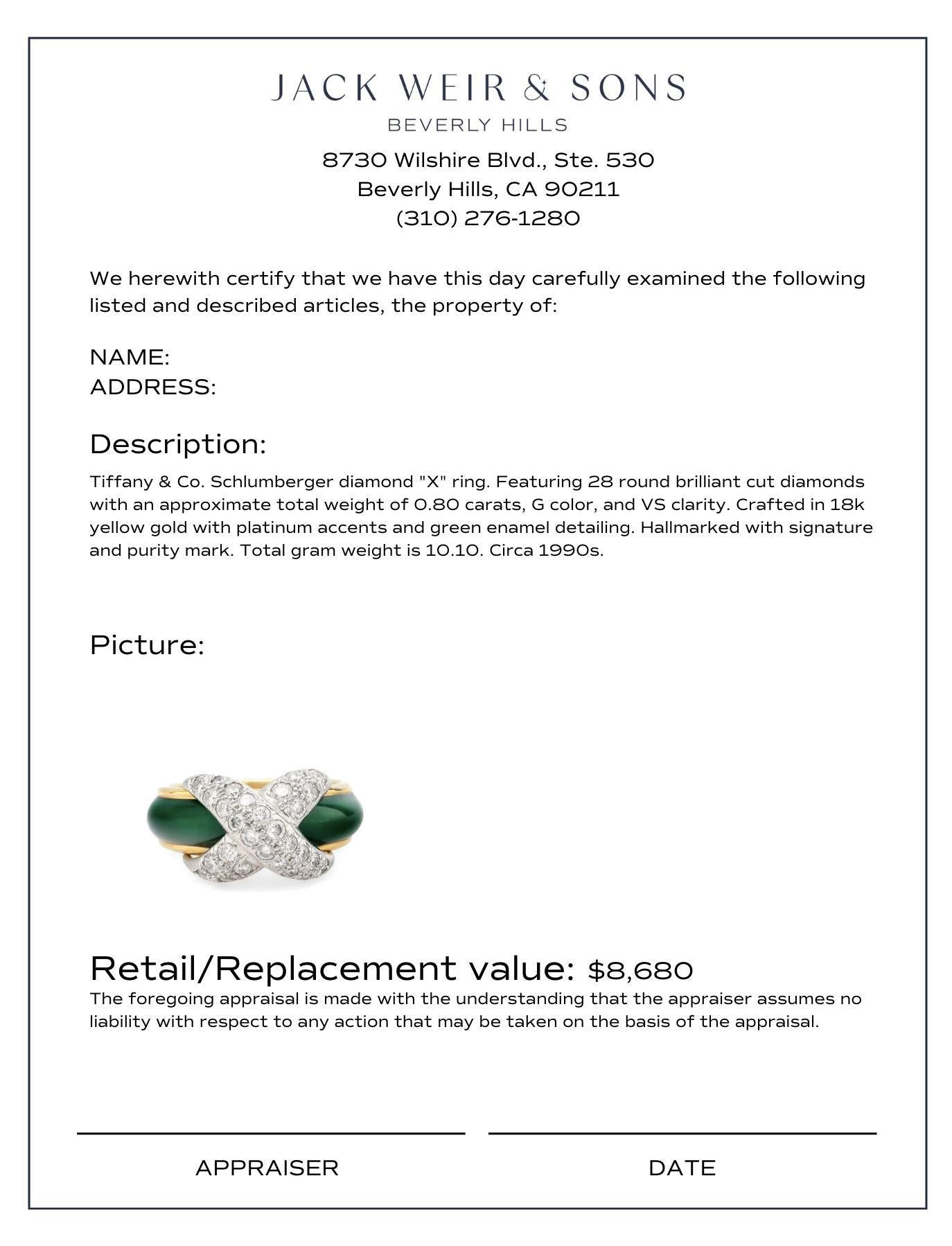 Tiffany & Co. Schlumberger: 18 Karat Gelbgold X-Ring mit Diamanten und Emaille im Zustand „Hervorragend“ in Beverly Hills, CA