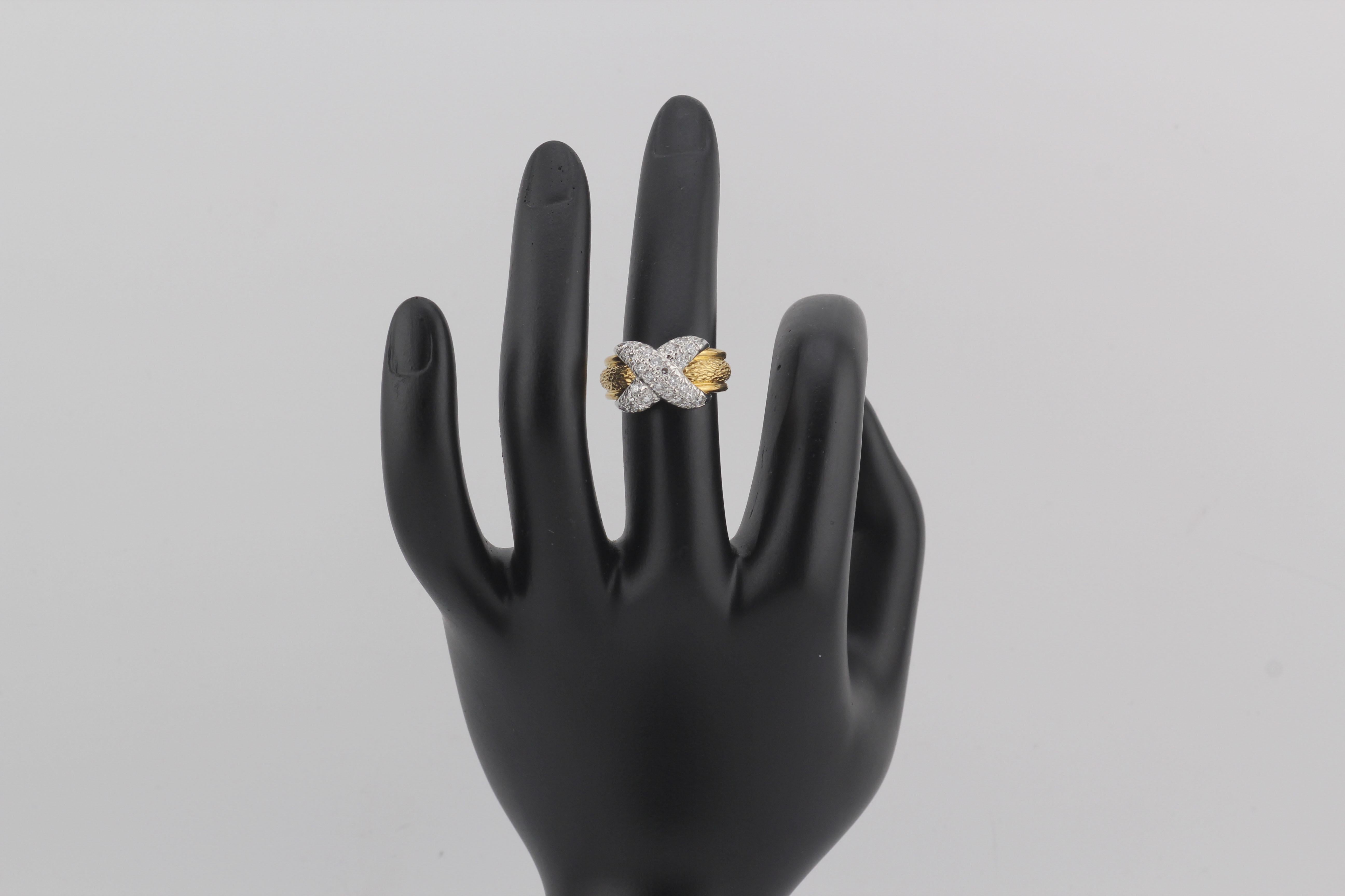 Brilliant Cut Tiffany & Co. Schlumberger Diamond 18K Yellow Gold Platinum X Ring Size 5