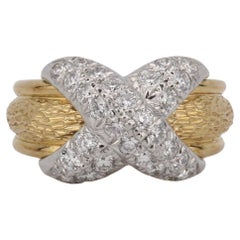 Tiffany & Co. Schlumberger Diamond 18K Yellow Gold Platinum X Ring Size 5